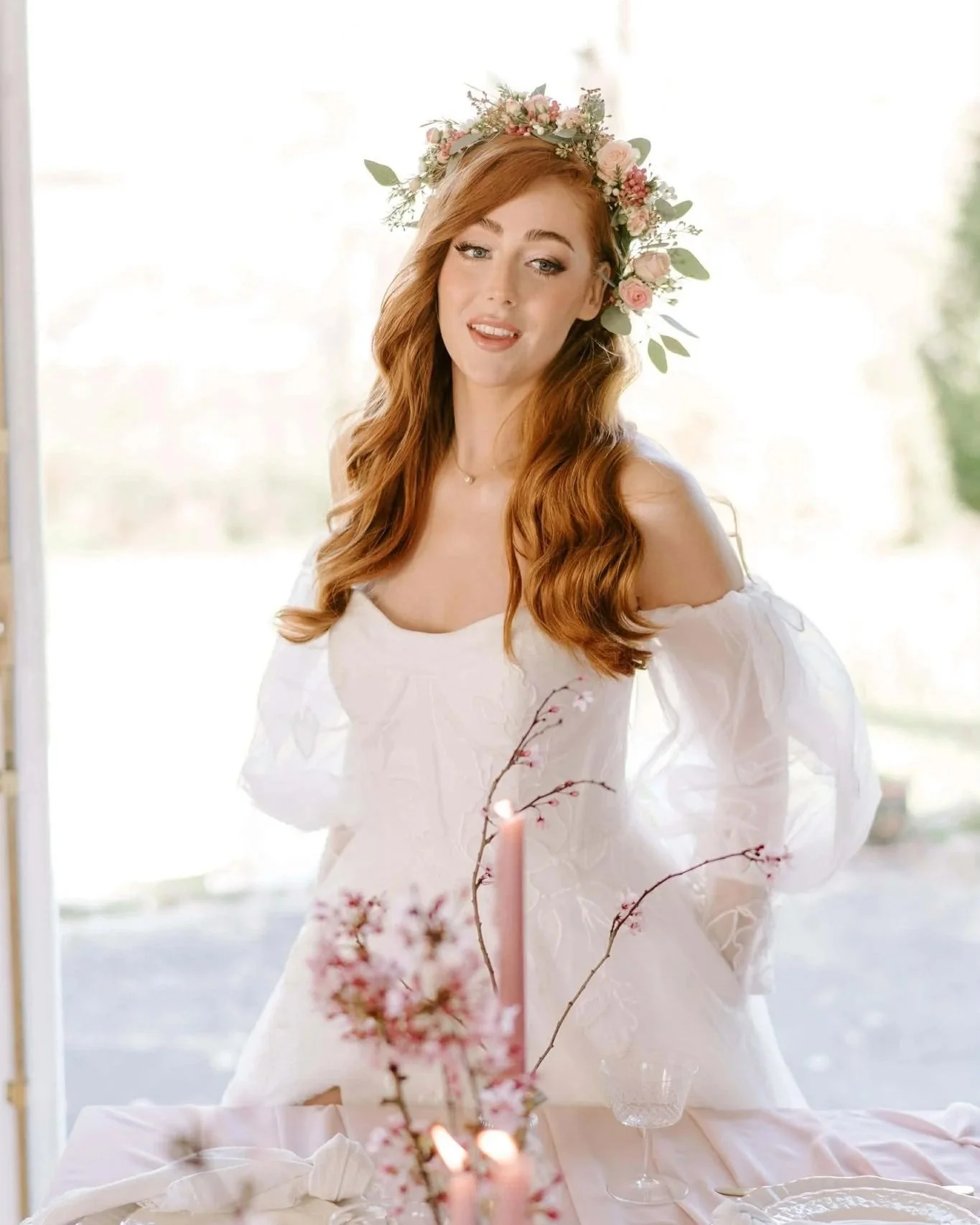 Editorial bridal makeup with floral crown created by professional bridal makeup artist in South Wales