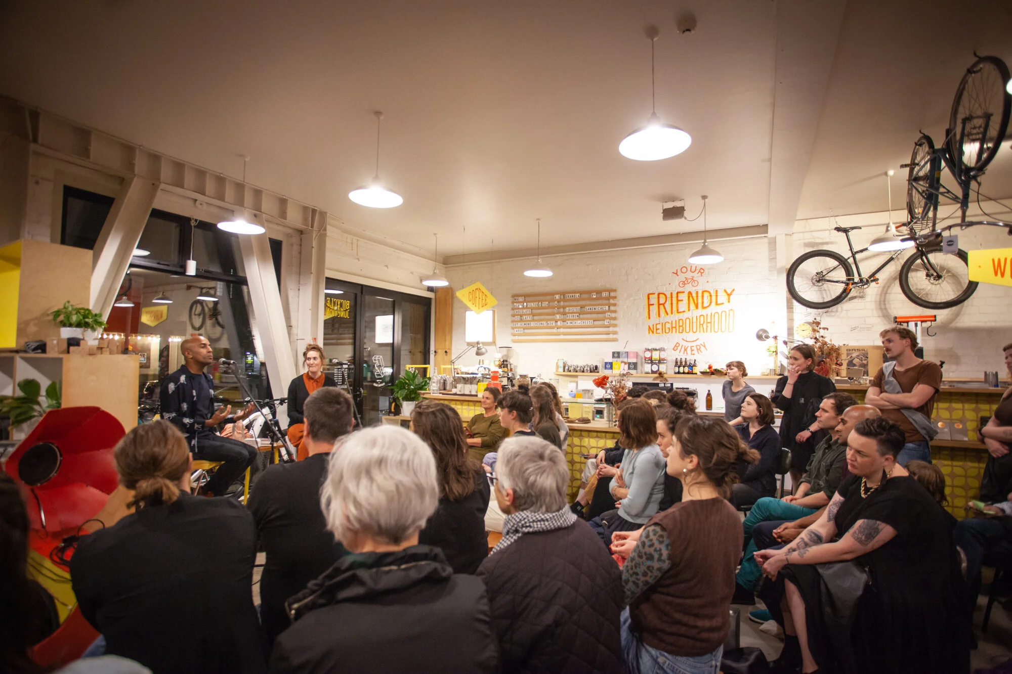 Jehan Casinader and Charlotte Graham-McLay at Bicycle Junction for LitCrawl 2020.