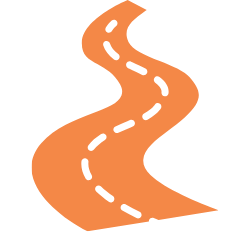 A stylized illustration of a winding road with dashed lines down the center
