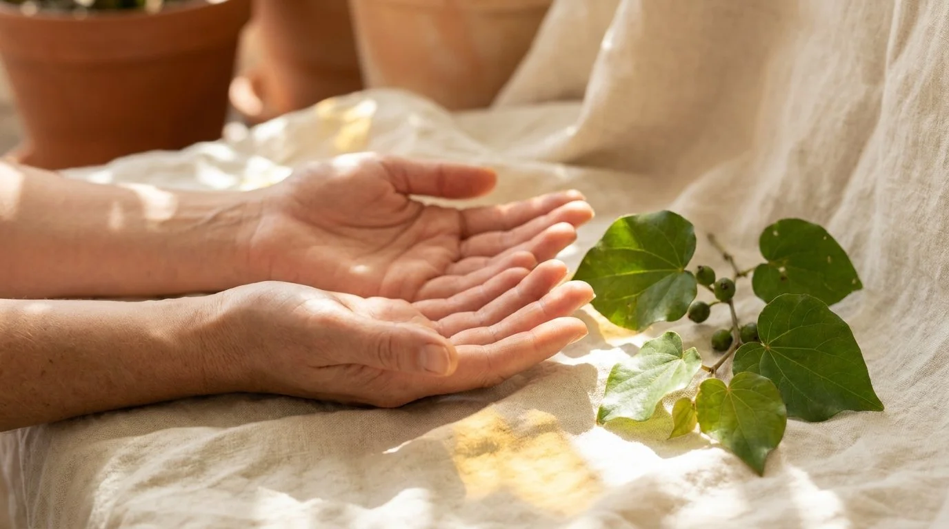 A pair of open hands resting palms up on soft cream linen, with a sprig of kawakawa leaves nearby.