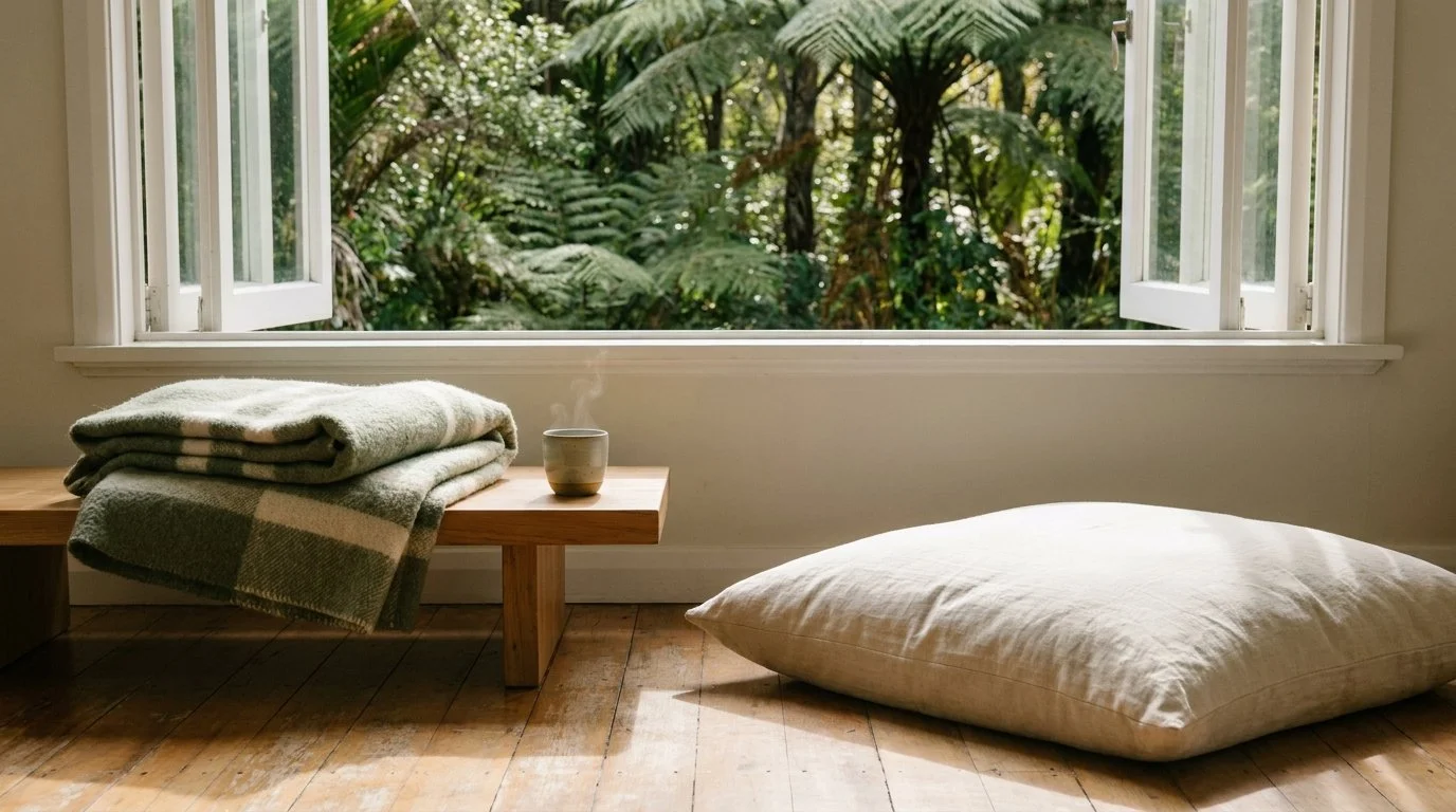 A quiet sunlit room with a folded woollen blanket and a cup of tea on a low table, a floor cushion, and an open window framing Aotearoa native bush.