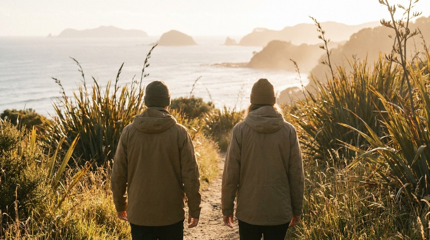 Two people walking together along a sunlit Aotearoa coastal path at dawn.