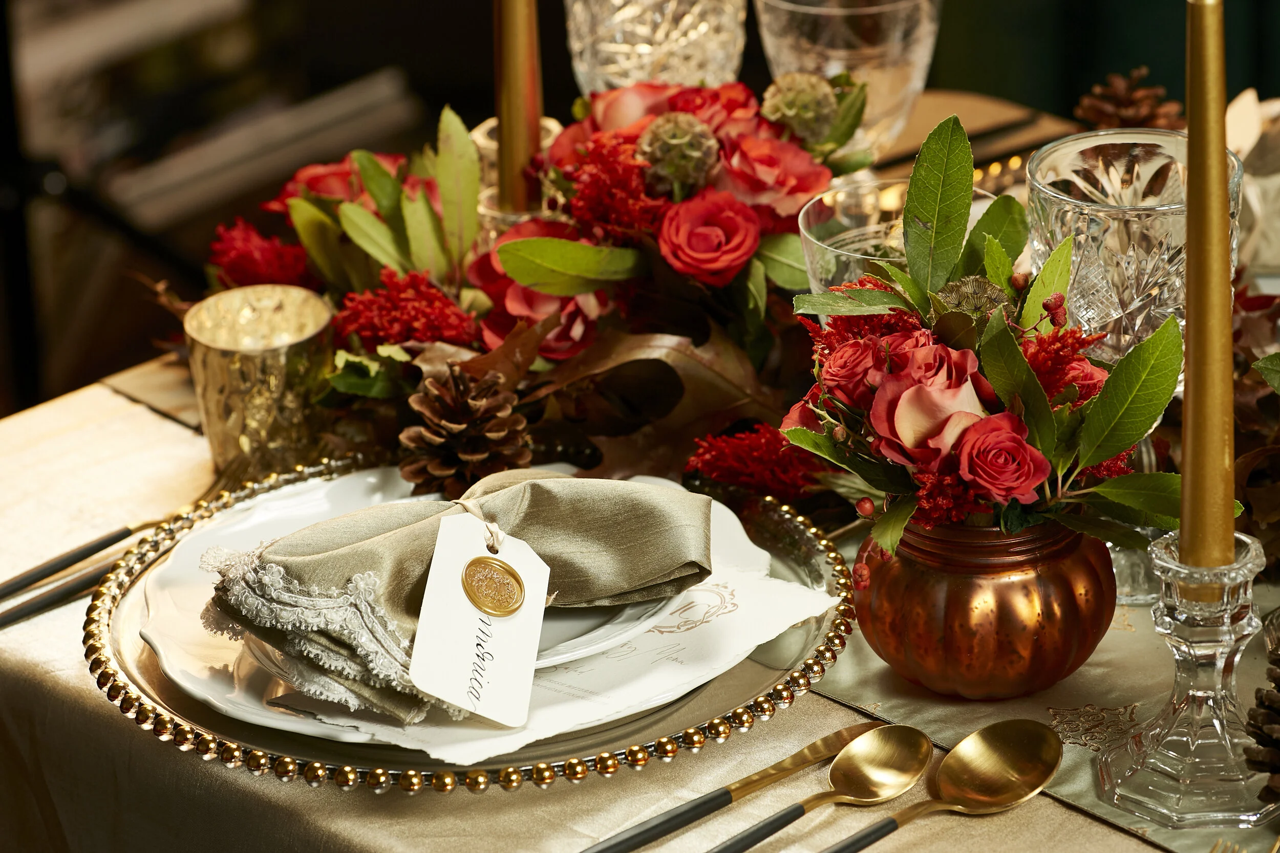 bold color, pumpkin vases, gold candles, crystal candle holders, sage napkins, tablescape 