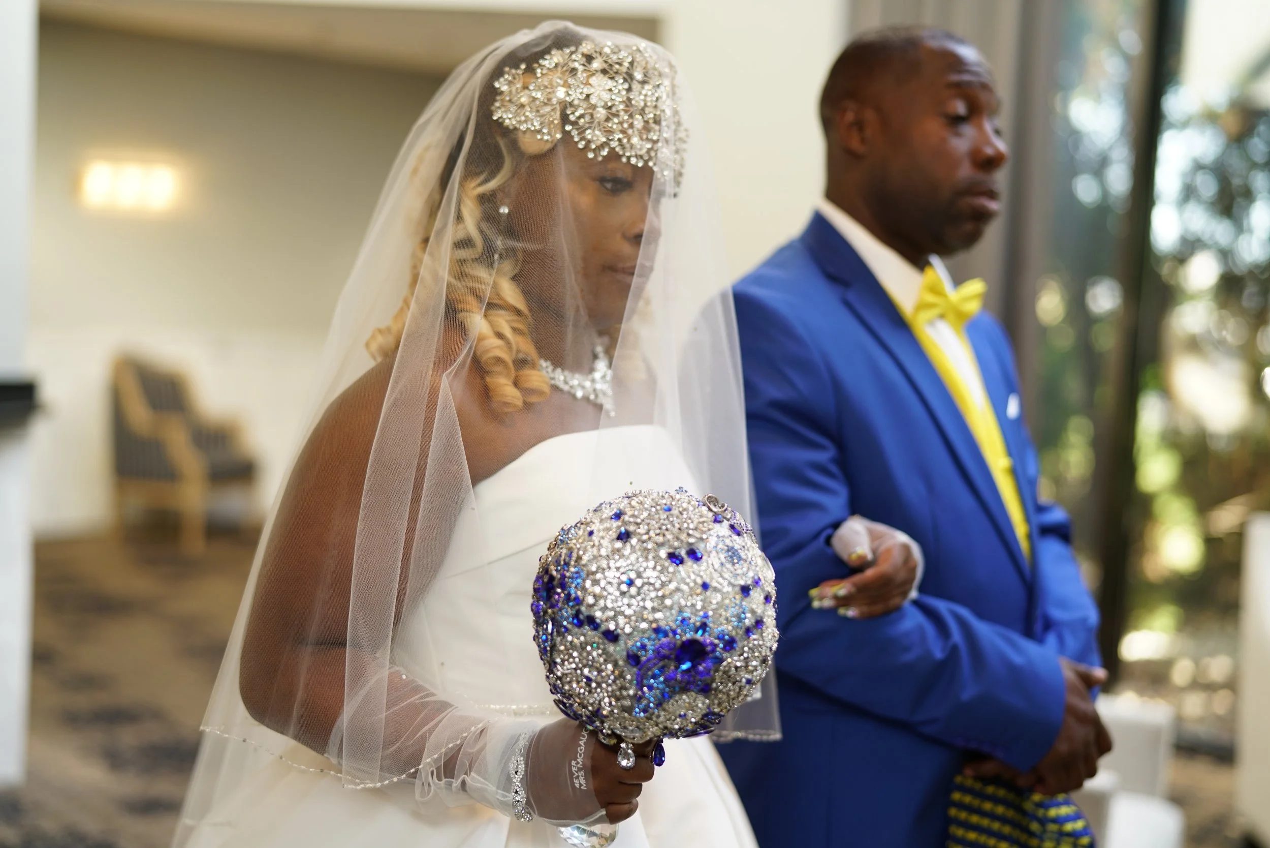 Bride and brother, brooch bridal bouquet, 