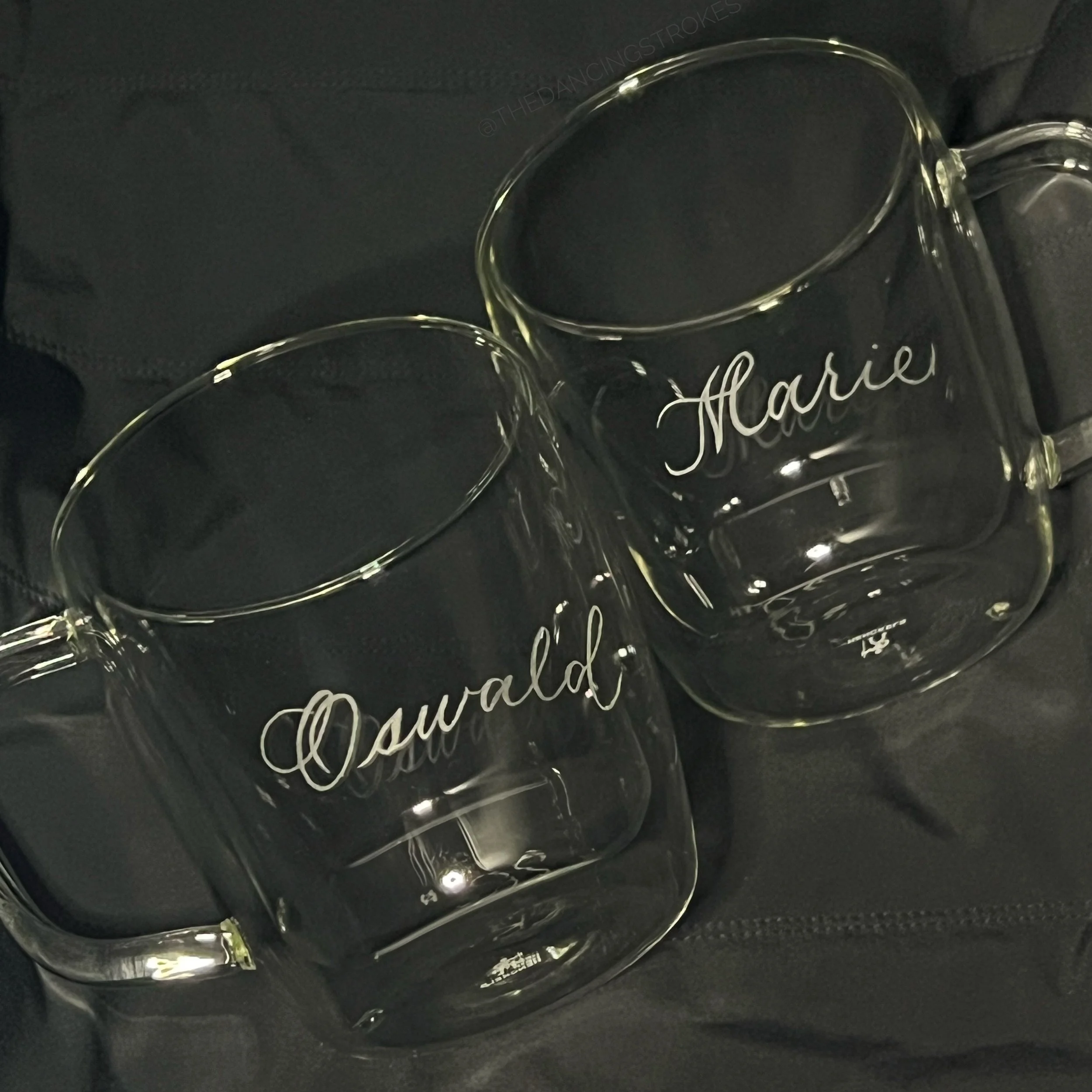 Engraving of double-walled glasses with names Vancouver calligrapher