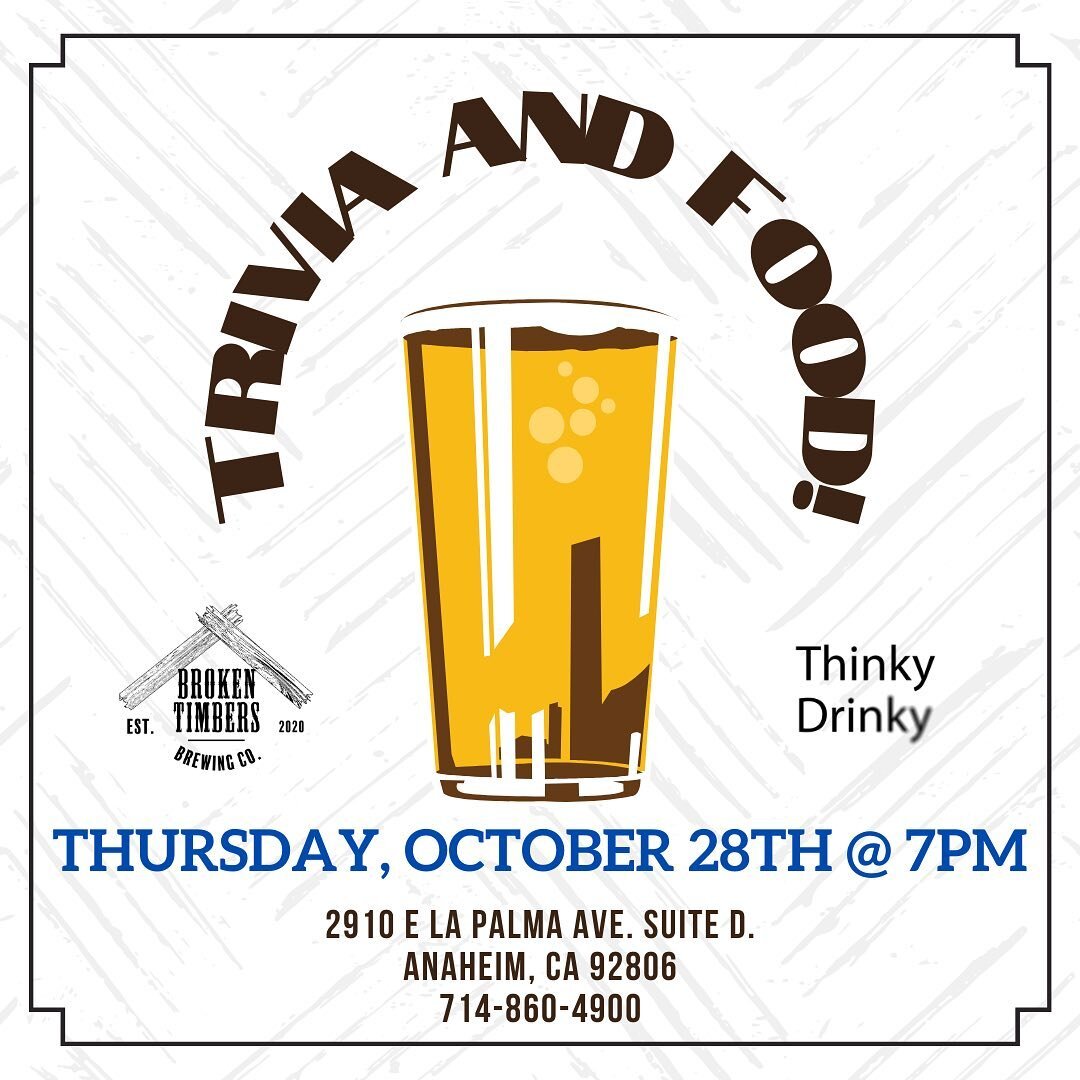 Thursday, we will be having our weekly Trivia with @thinkydrinky at 7pm! 🥇

Plus, we will have food from @kikiscubantruck! Come and try out one of their famous authentic Cuban pork sandwiches! 🥪