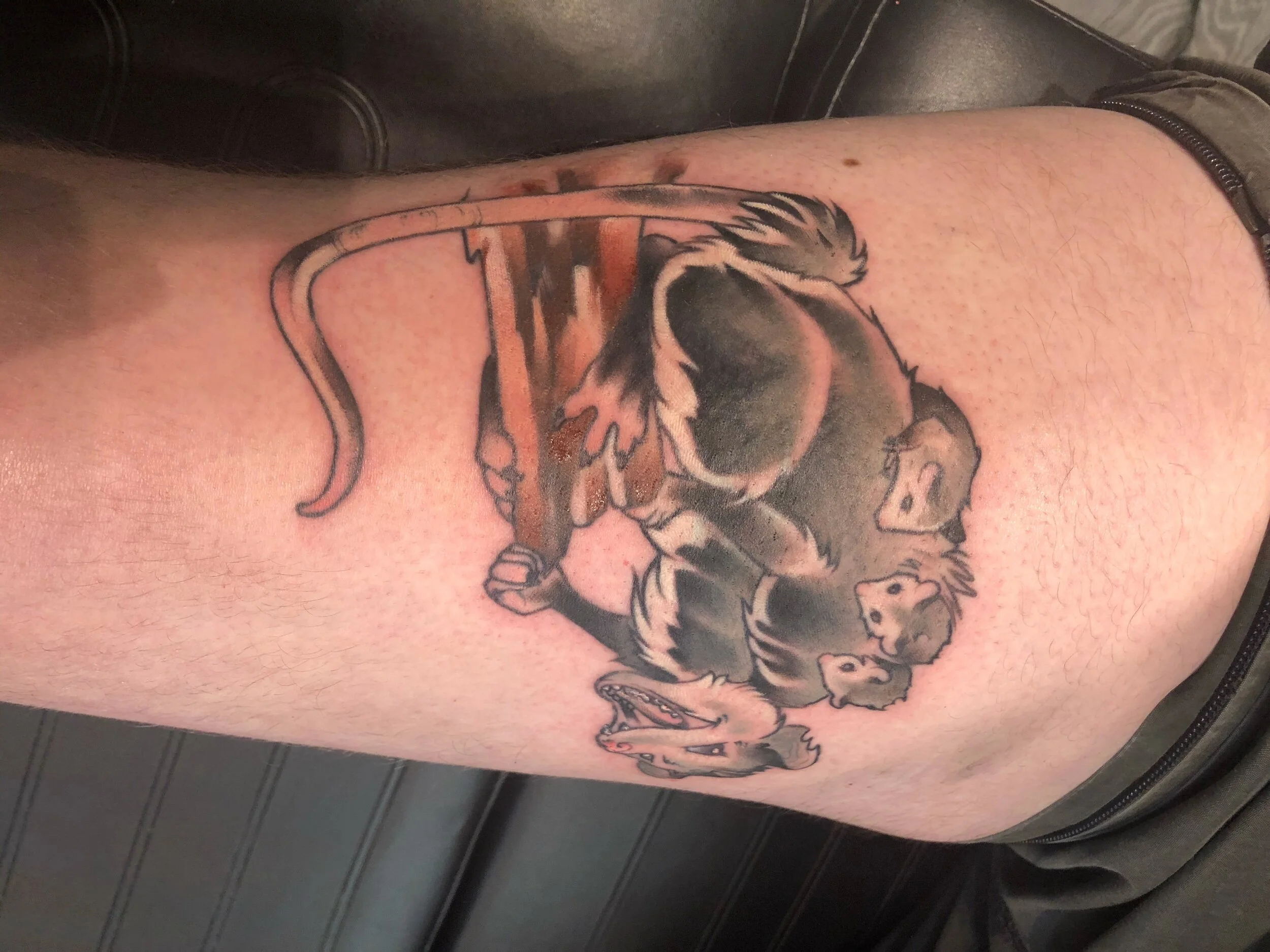 Tattoo of a muscular anthropomorphic animal holding a club, depicted on a person's arm.