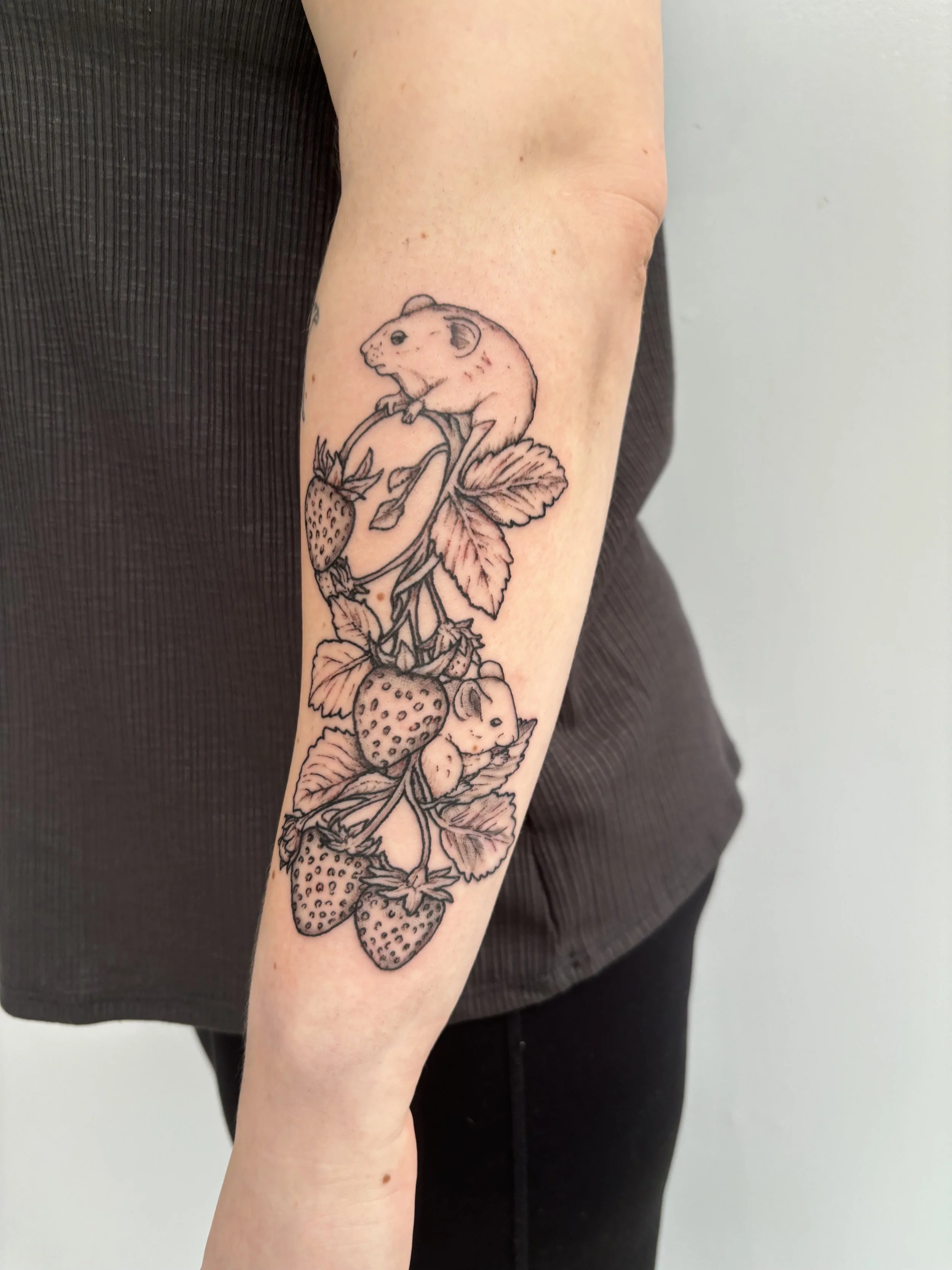 Tattoo of a rat on a strawberry plant with multiple strawberries and leaves.