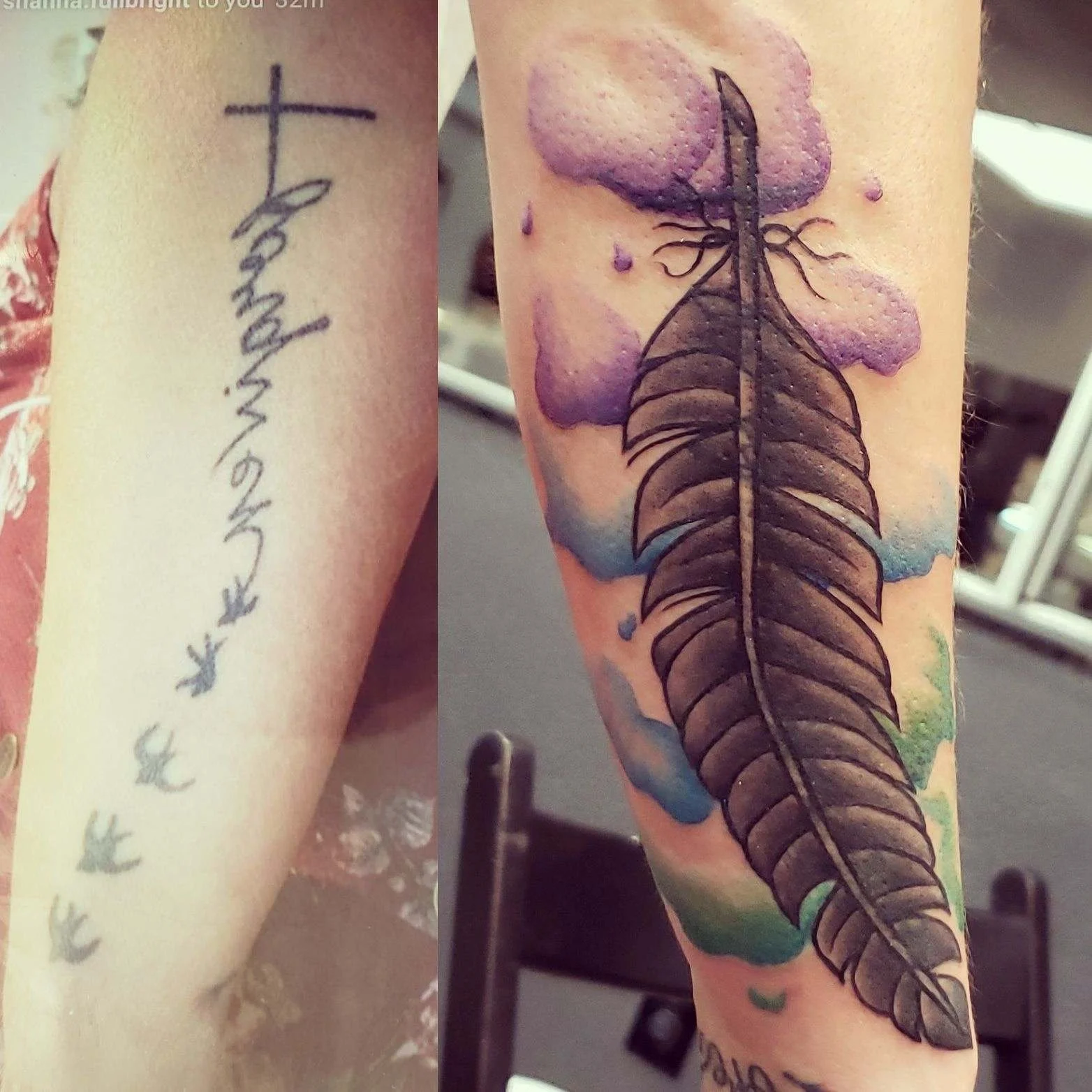 Side-by-side tattoos on arms; left shows script and flying birds, right features a large feather with colorful clouds.