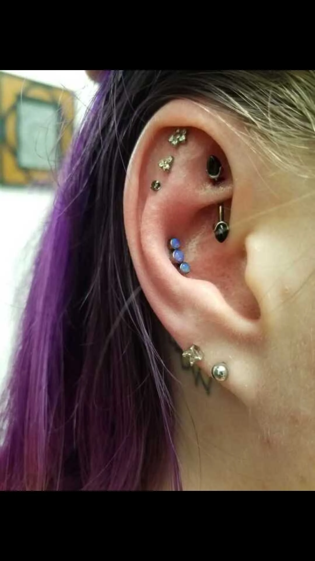 Close-up of an ear with multiple piercings including studs and hoops on the lobe and cartilage, and purple hair visible.