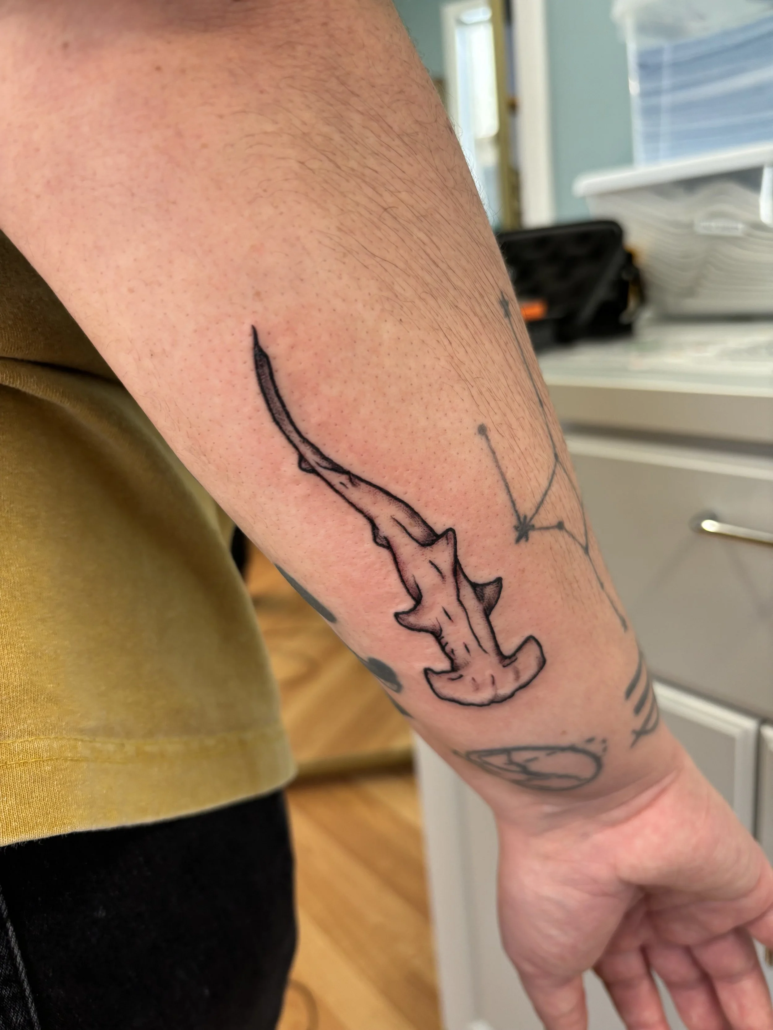 Tattoo of a linearized, stylized triceratops on a person's forearm.
