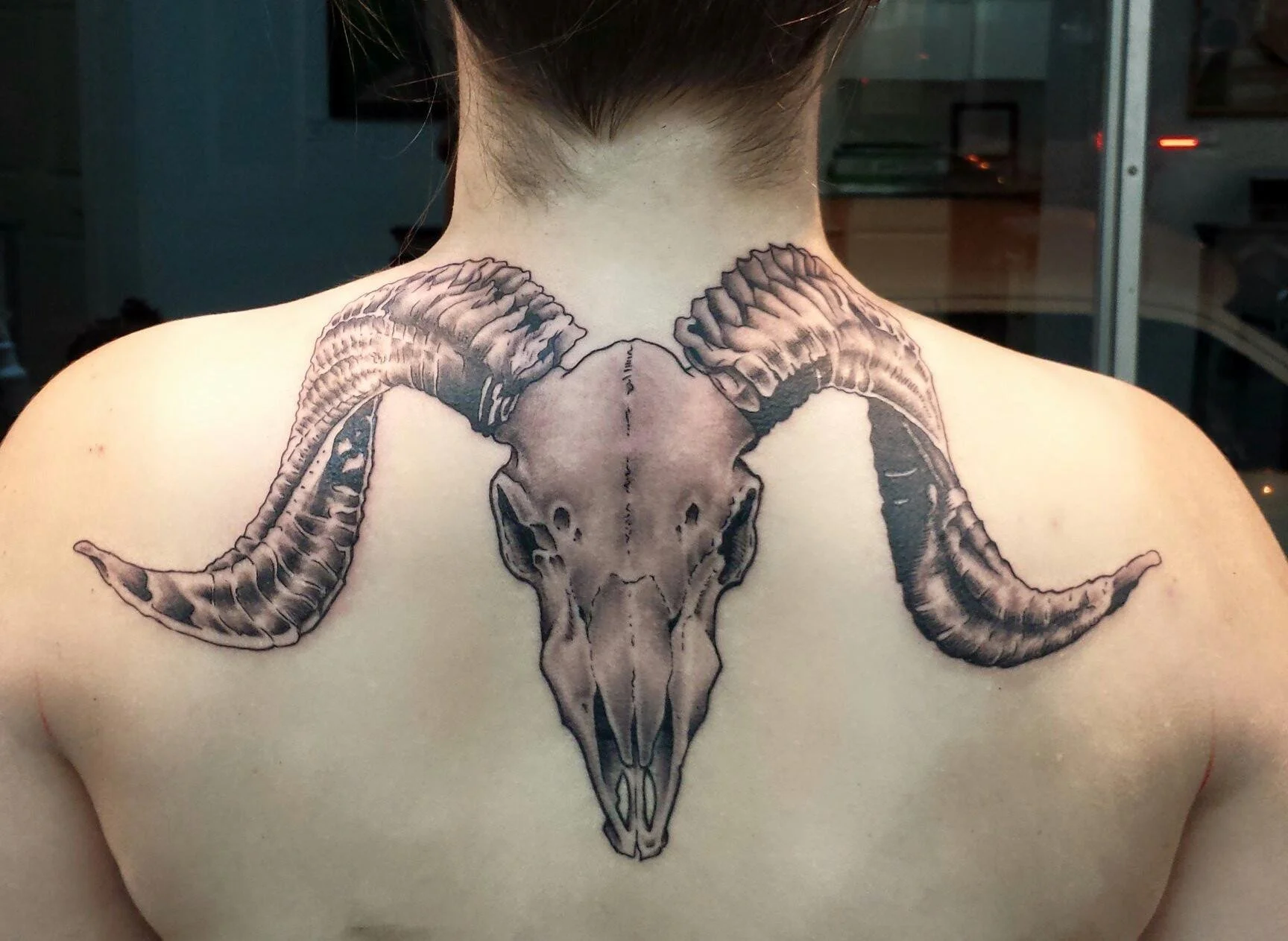 Back tattoo of a ram skull with large curved horns.