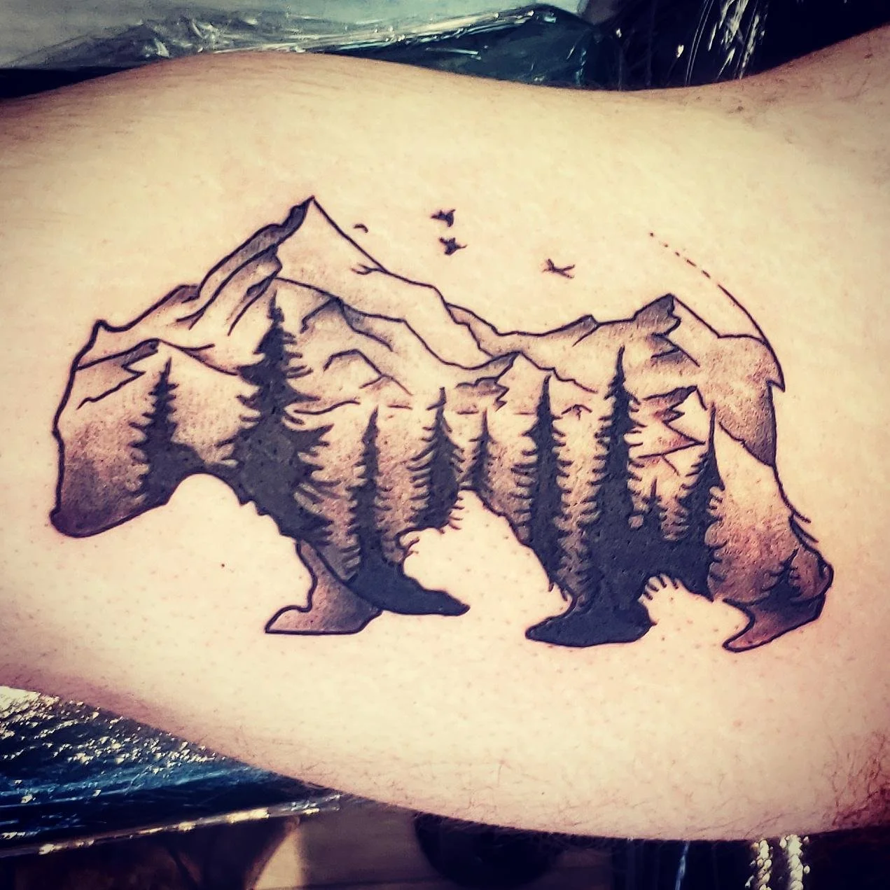 Tattoo of a bear silhouette with mountain and forest scene inside