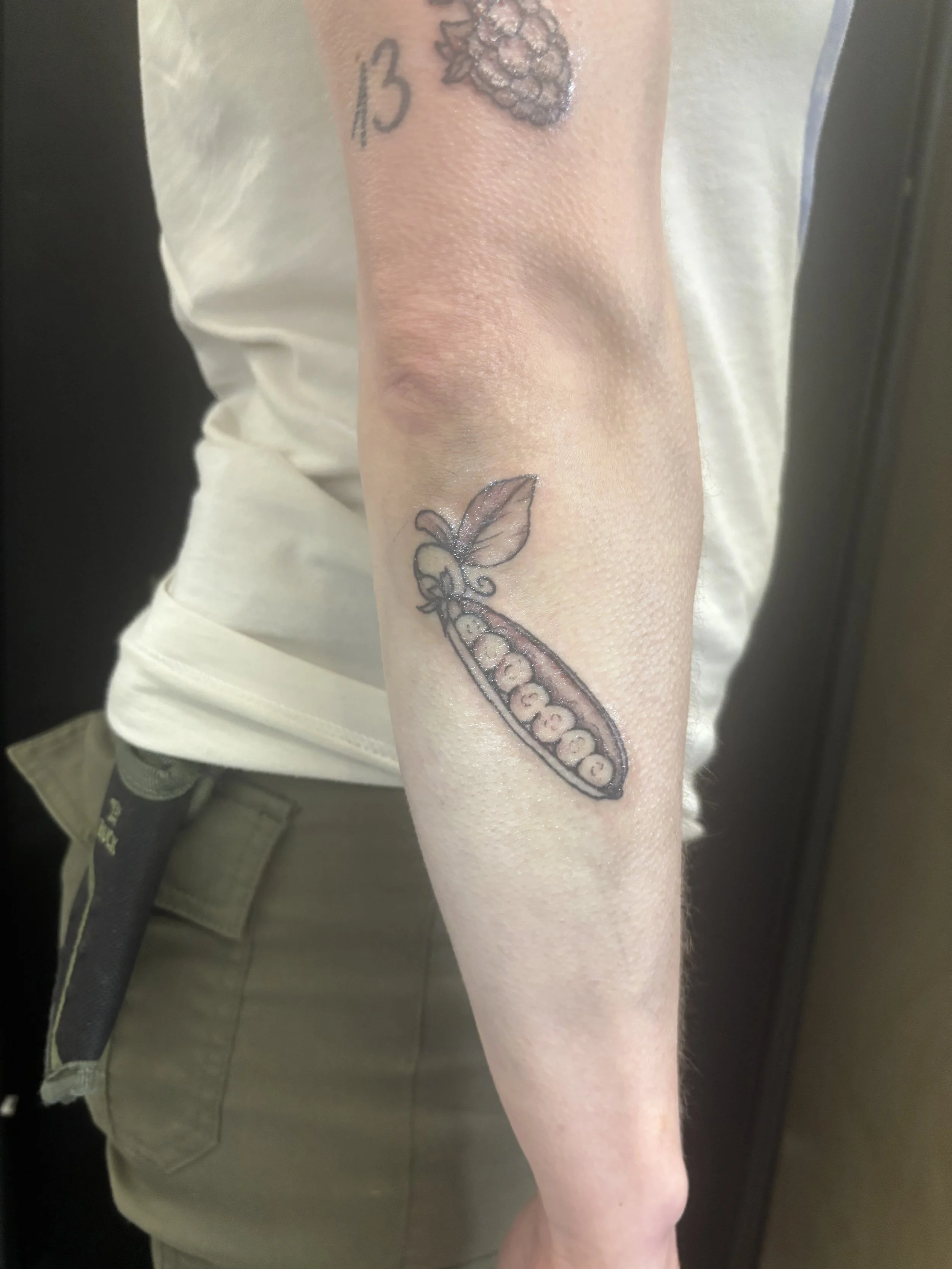 Tattoo of a pea pod with peas inside, decorated with a leaf and ribbon, on a person's forearm.