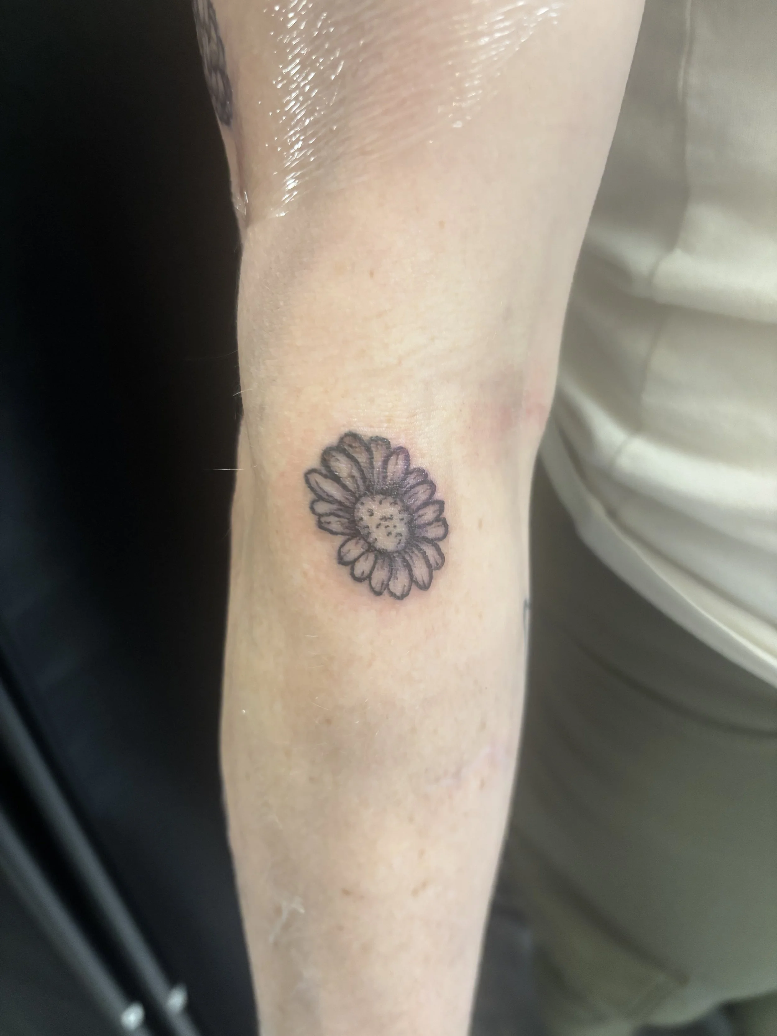 Close-up of a small tattoo of a daisy flower on a person's forearm.