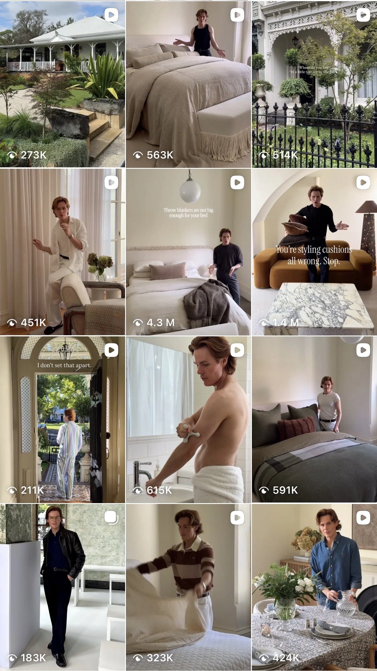 A collage of various videos on an instagram feed, including a house exterior with a garden, a loui burke standing in his bedroom, a house with a front porch, and Loui posing in different rooms, and loui setting a table.
