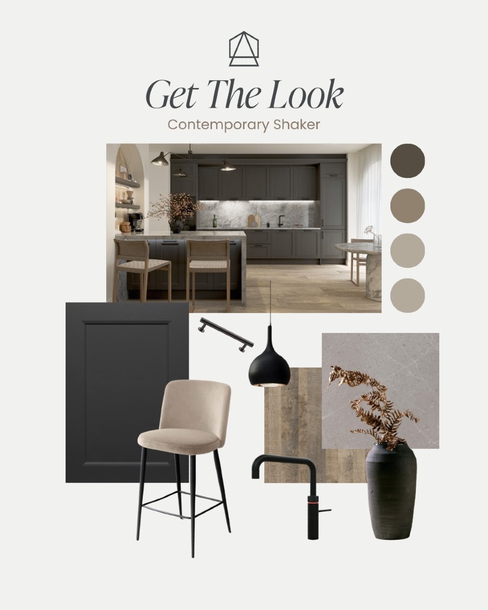 Classic shaker style kitchen with a contemporary twist! 

This look is achieved by balancing tones throughout the space.
Use light stone coloured neutral walls with high contrast doors.
Combine cooler concrete worksurfaces with warmer distressed wood