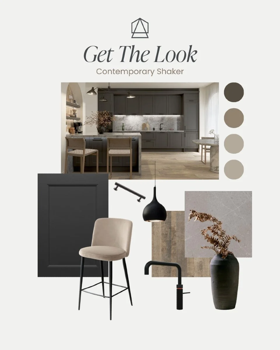 Classic shaker style kitchen with a contemporary twist! 

This look is achieved by balancing tones throughout the space.
Use light stone coloured neutral walls with high contrast doors.
Combine cooler concrete worksurfaces with warmer distressed wood