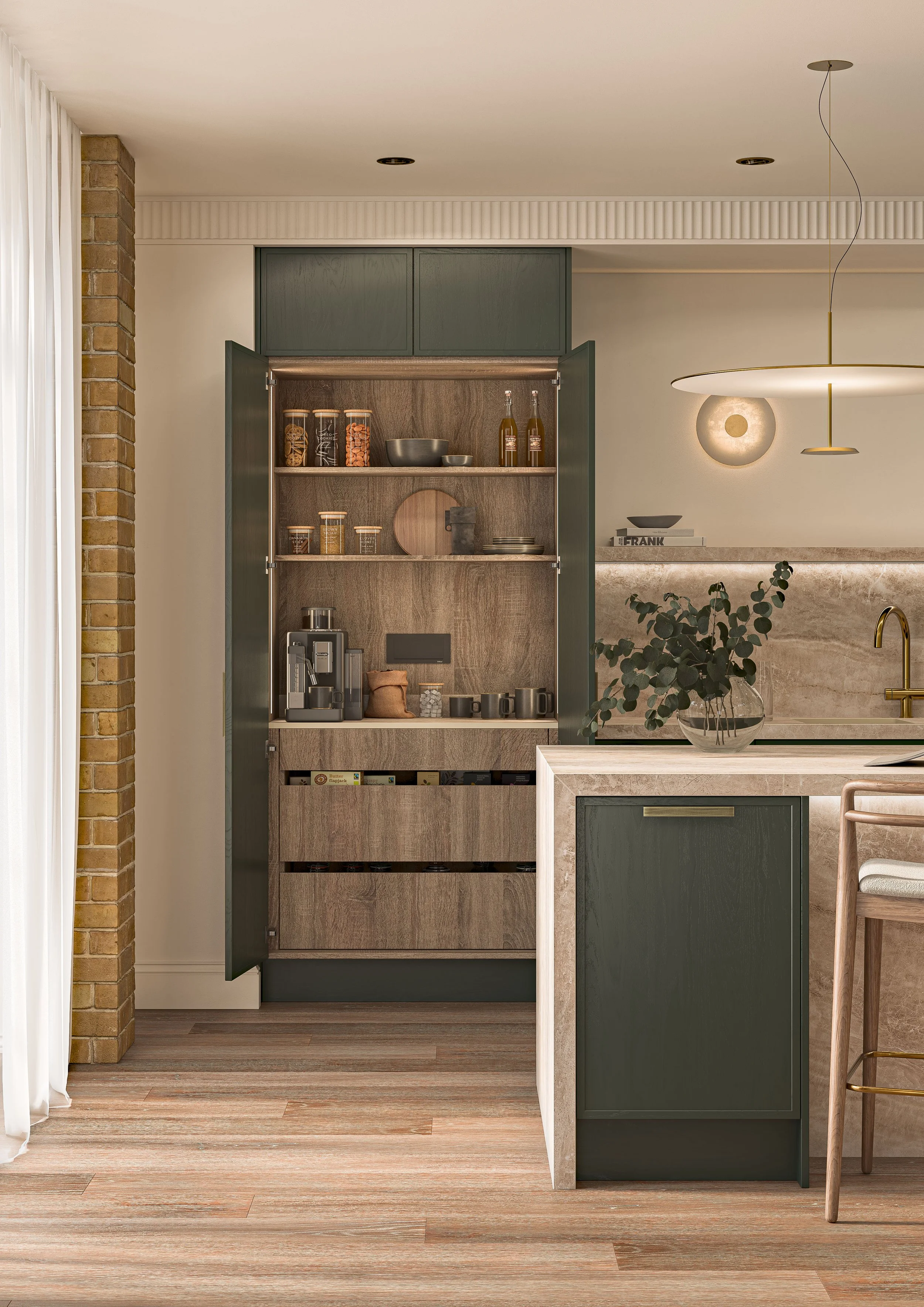 Bespoke kitchen cabinet housing a coffee machine and electric sockets with pantry items on the shelves above and drawers at the bottom. A contemporary skinny shaker door is featured in a dark green with quartz worktops and floating shelf.