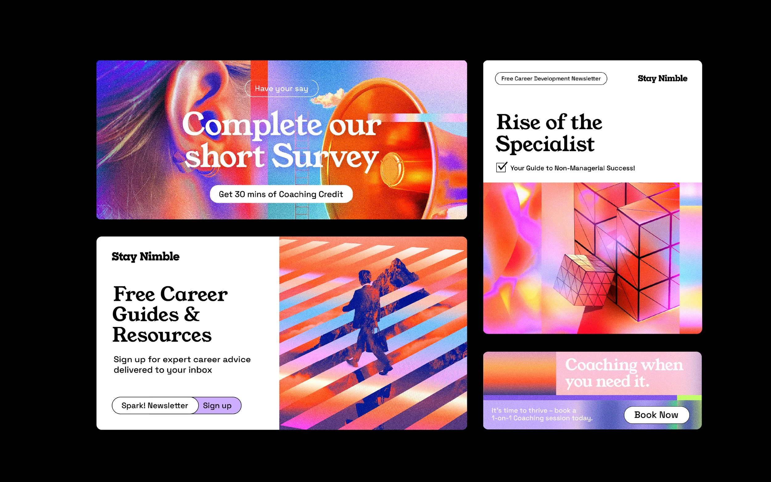 Digital art collage and career growth visuals for Stay Nimble career coaching platform and programs, by London designer Matty McMullen.