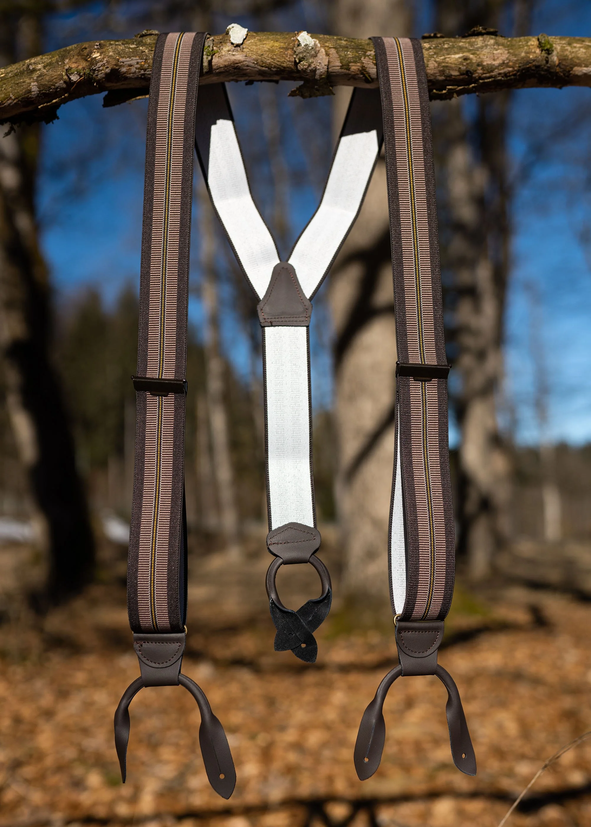 Hosenträger für Knöpfe Braun-gelb-gestreift