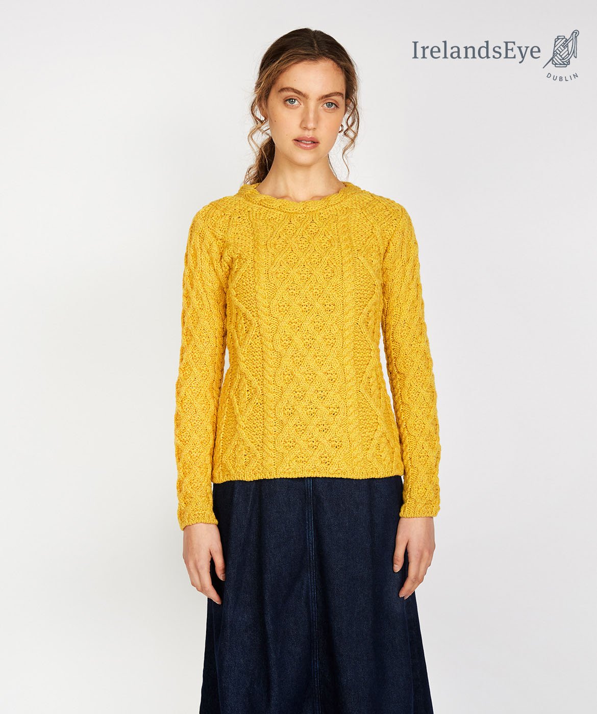A654 Lambay Lattice Cable Aran Sweater in Sunflower_Small.jpg