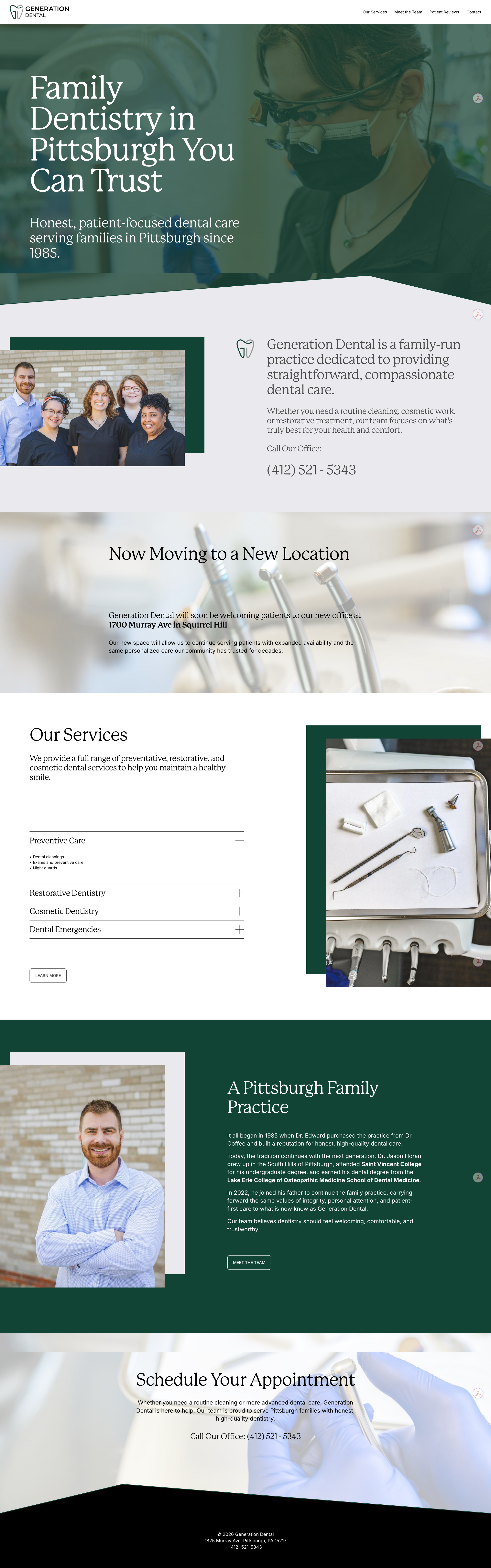 Website homepage for Generation Dental, a family dentistry practice in Pittsburgh, featuring images of dental tools, a team photo, and a dentist logo.