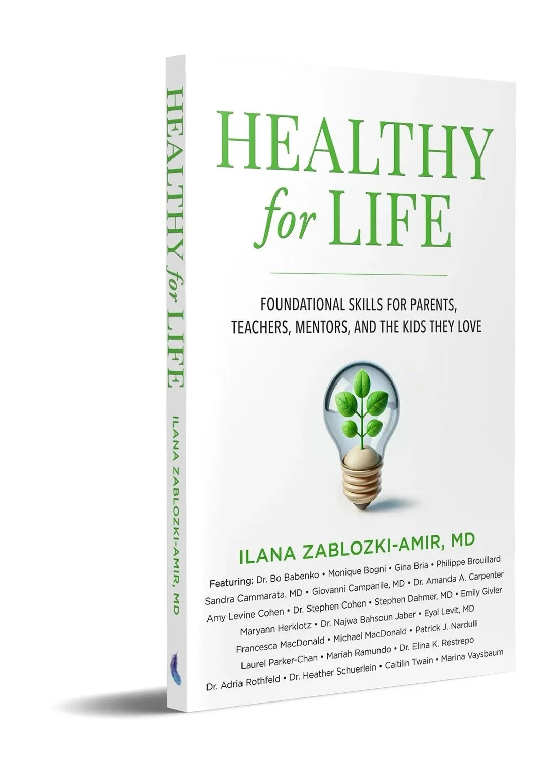 Book titled "Healthy for Life" featuring a light bulb with a green plant inside, focusing on foundational skills for parents, teachers, mentors, and children.