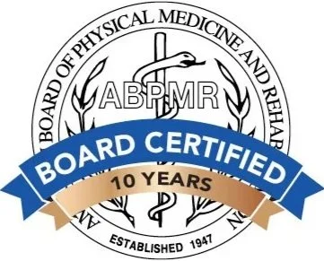 Seal of the Board of Physical Medicine and Rehabilitation with a snake wrapped around a rod, the text 'ABPMR', a banner that says 'Board Certified', and a ribbon that says '10 Years', established 1947.