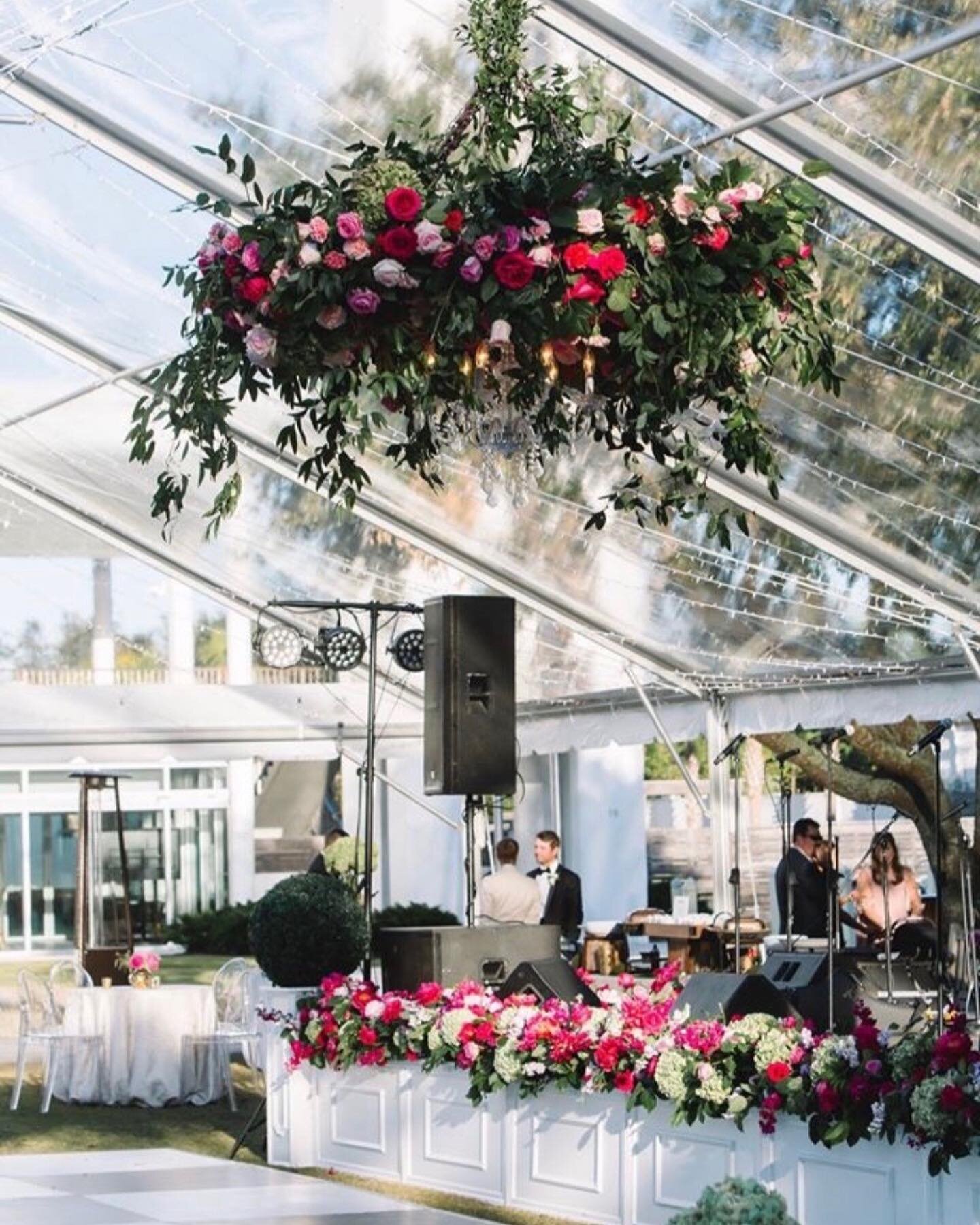 A spectacular wedding reception space showcasing our clear top frame tent with string lighting, white stage facade, black and white dance floor and acrylic chairs! 
.
.
.
#handmrentals #eventrentals #handmeventrentals #summerwedding #tablescape #wedd