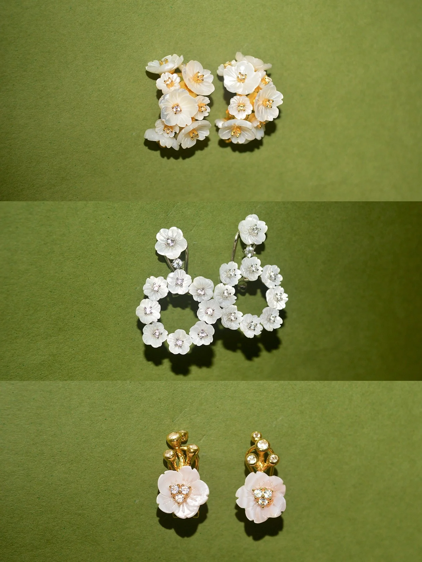 Our Bloom Collection captures the beauty of blossoming flowers, featuring delicate mother of pearl accented with sparkling gemstones.

#CarolinaWong #autumnjewellery #handmadejewellery #sustainable #autumnstyle #winterstyle #London #sustainablejewell