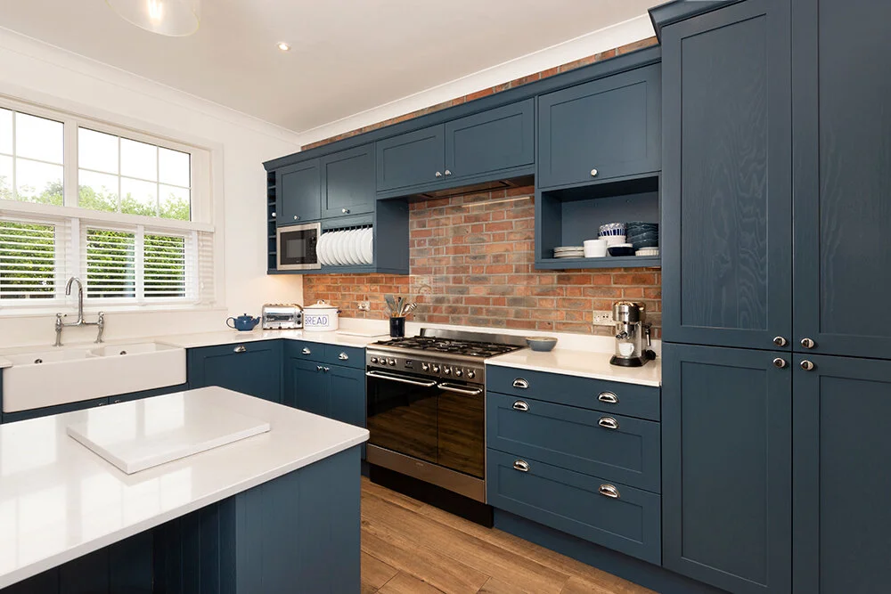 Beautiful blue Shaker kitchen Rustic features — Blackbrook Kitchens