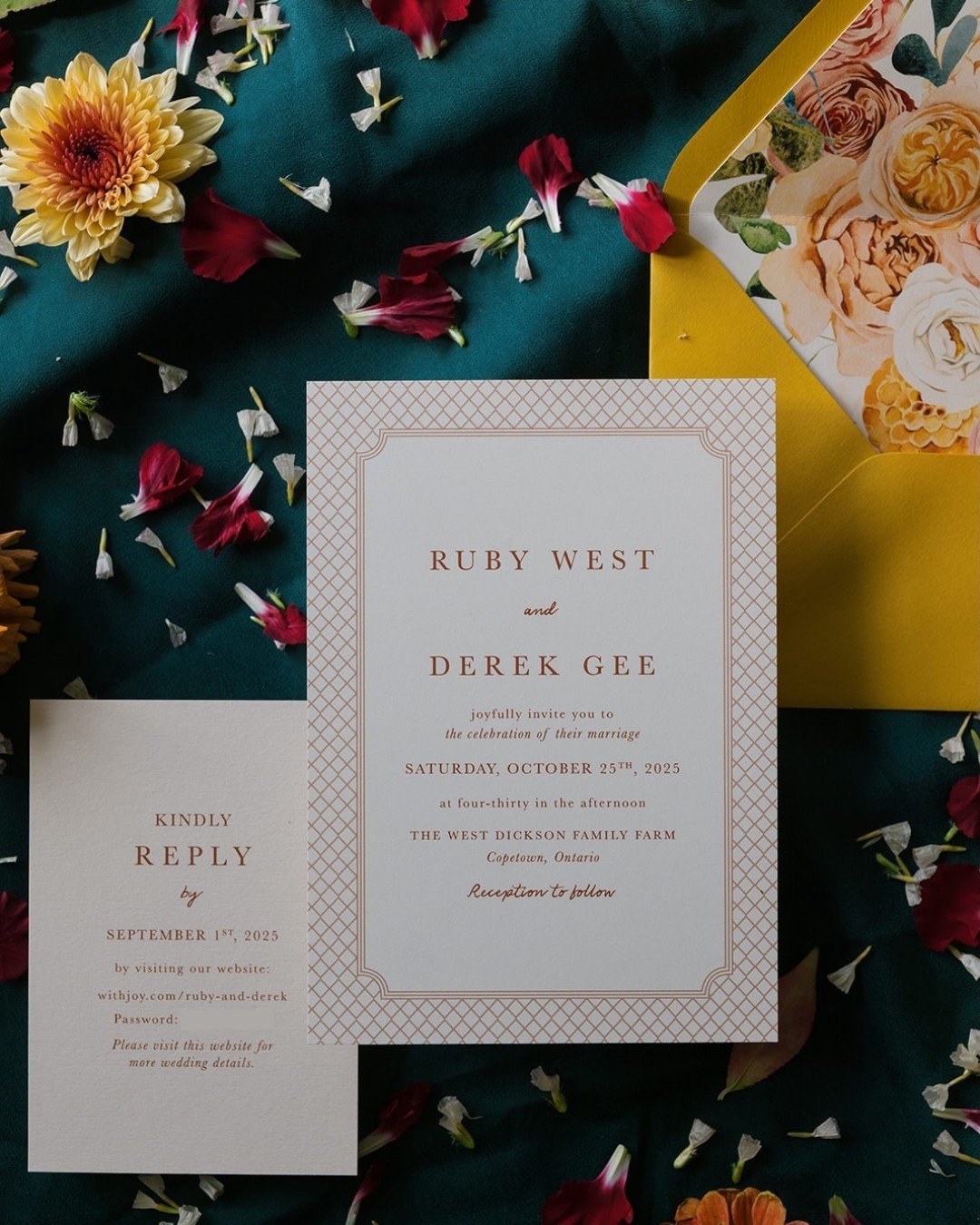 Ruby and Derek&rsquo;s wedding invitation struck the perfect balance between elegance and ease. A trellis-inspired border printed in warm terracotta ink paired beautifully with a golden yellow envelope, while a floral envelope liner added an unexpect