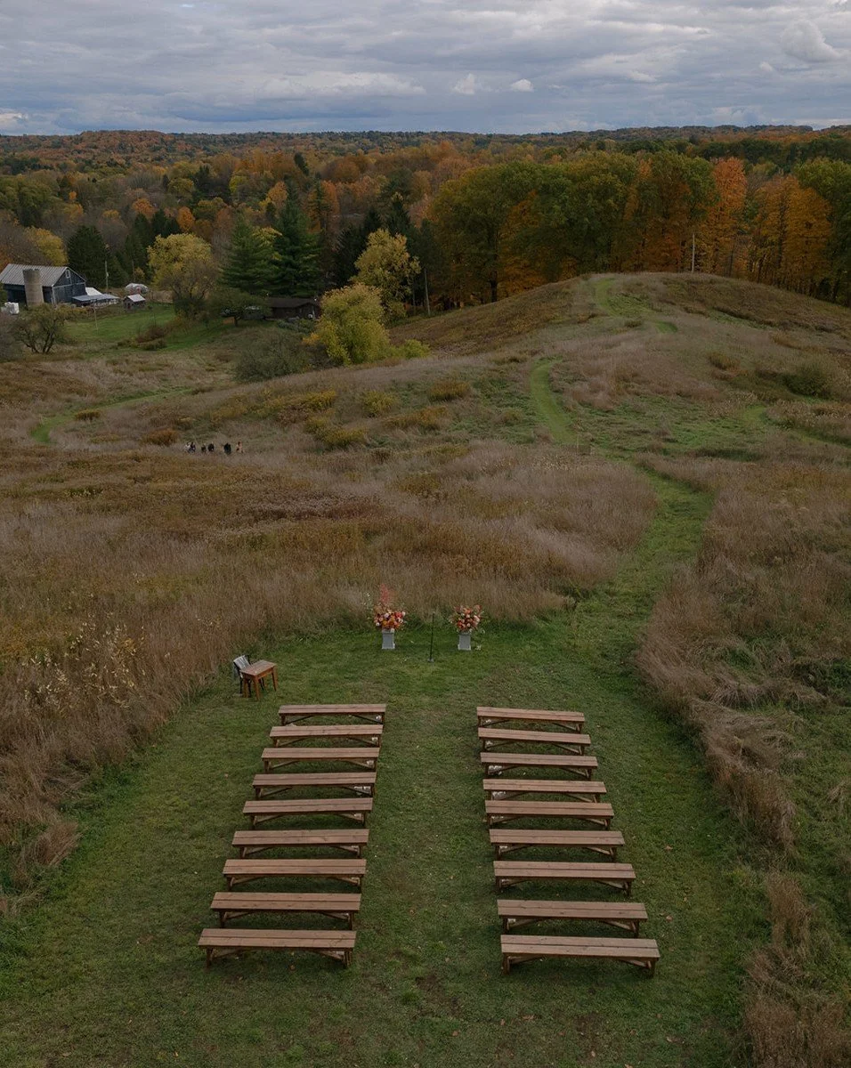 The ceremony took place at the crest of a hill overlooking the property, offering sweeping views of the land that has meant so much to Ruby&rsquo;s family over the years. Winding paths were carved through the property, inviting guests to slowly meand