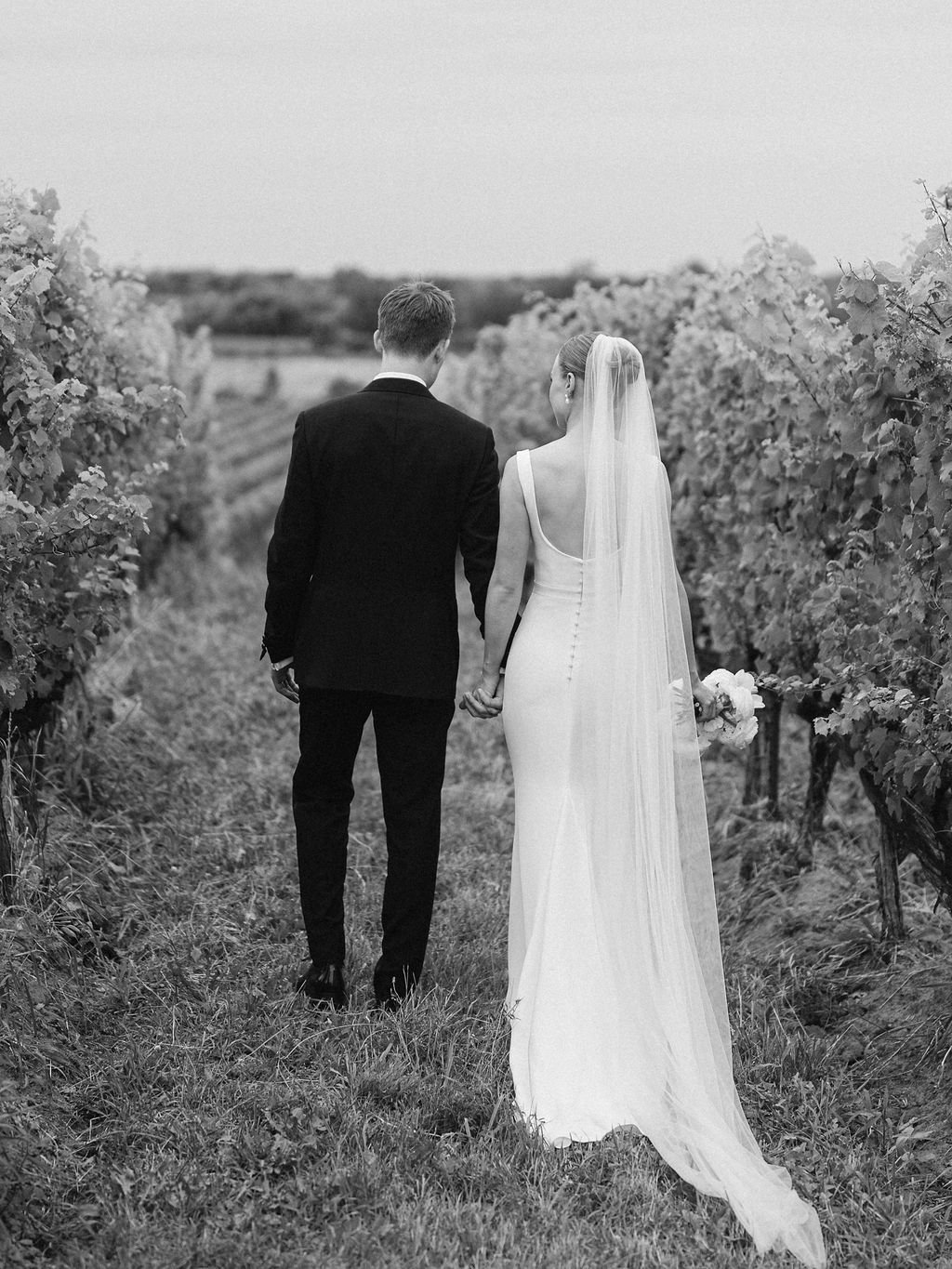 A black and white photo of a bride and groom walking in a vineyard.