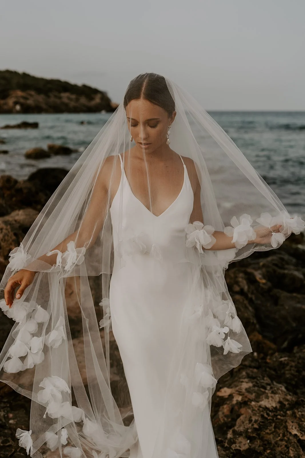 Waltz Length Cascading Veil with Satin Cord Edge