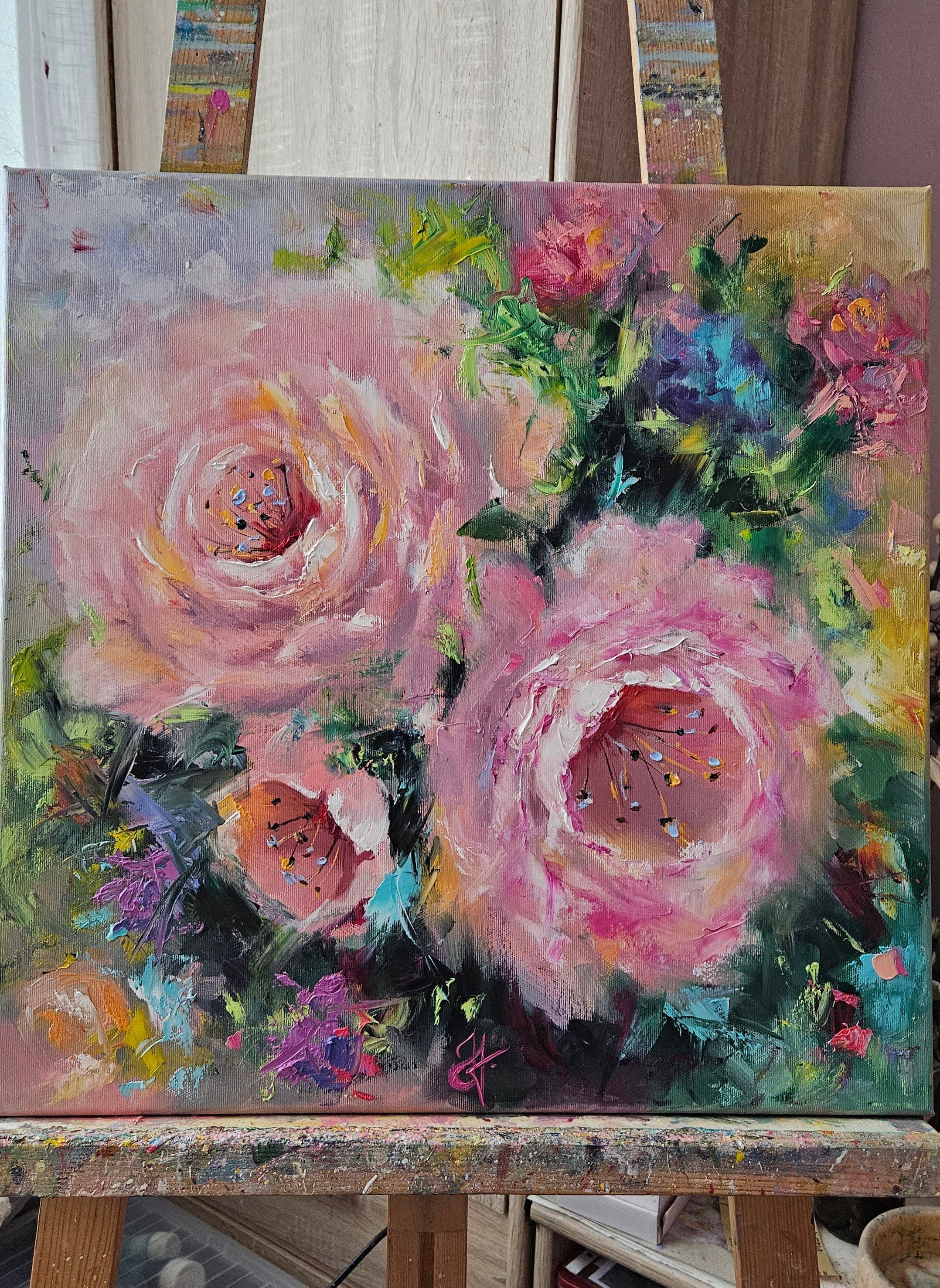 Ružové pivónie v záhrade. Peony. Ručne maľovaný obraz na predaj.