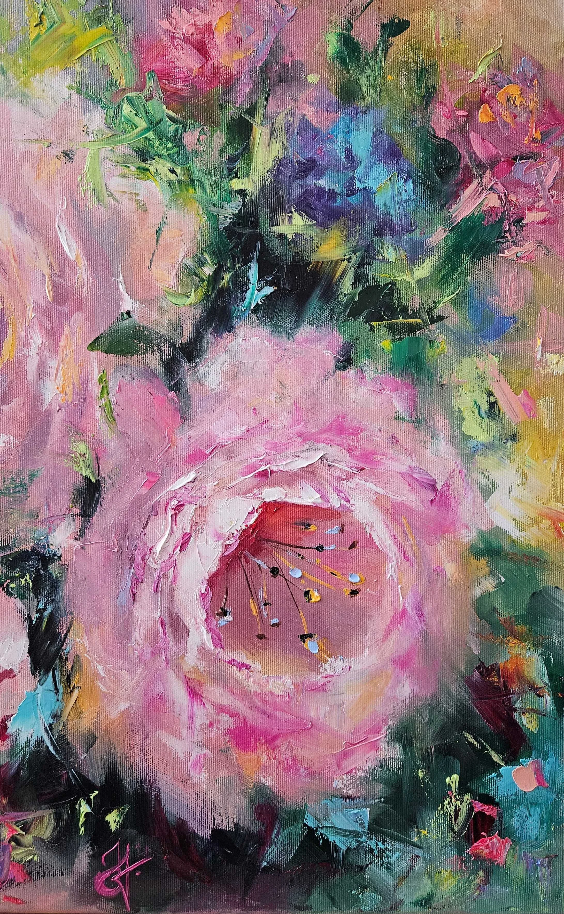 Ružové pivónie v záhrade. Peony. Ručne maľovaný obraz na predaj.