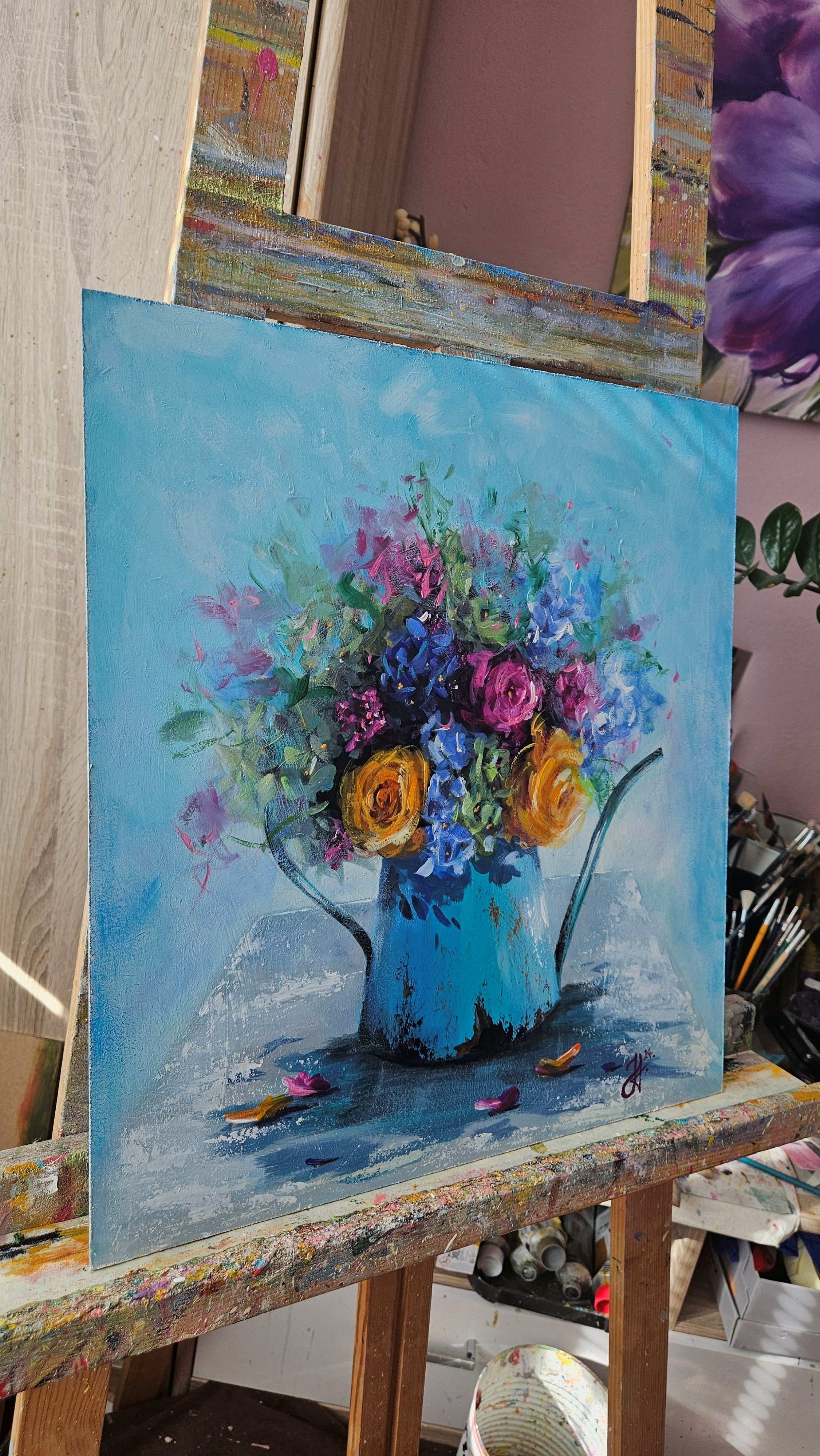 Ručne maľovaný obraz "Kvety v tyrkysovej konvičke". Vintage štýl. Zátišie s kvetmi.