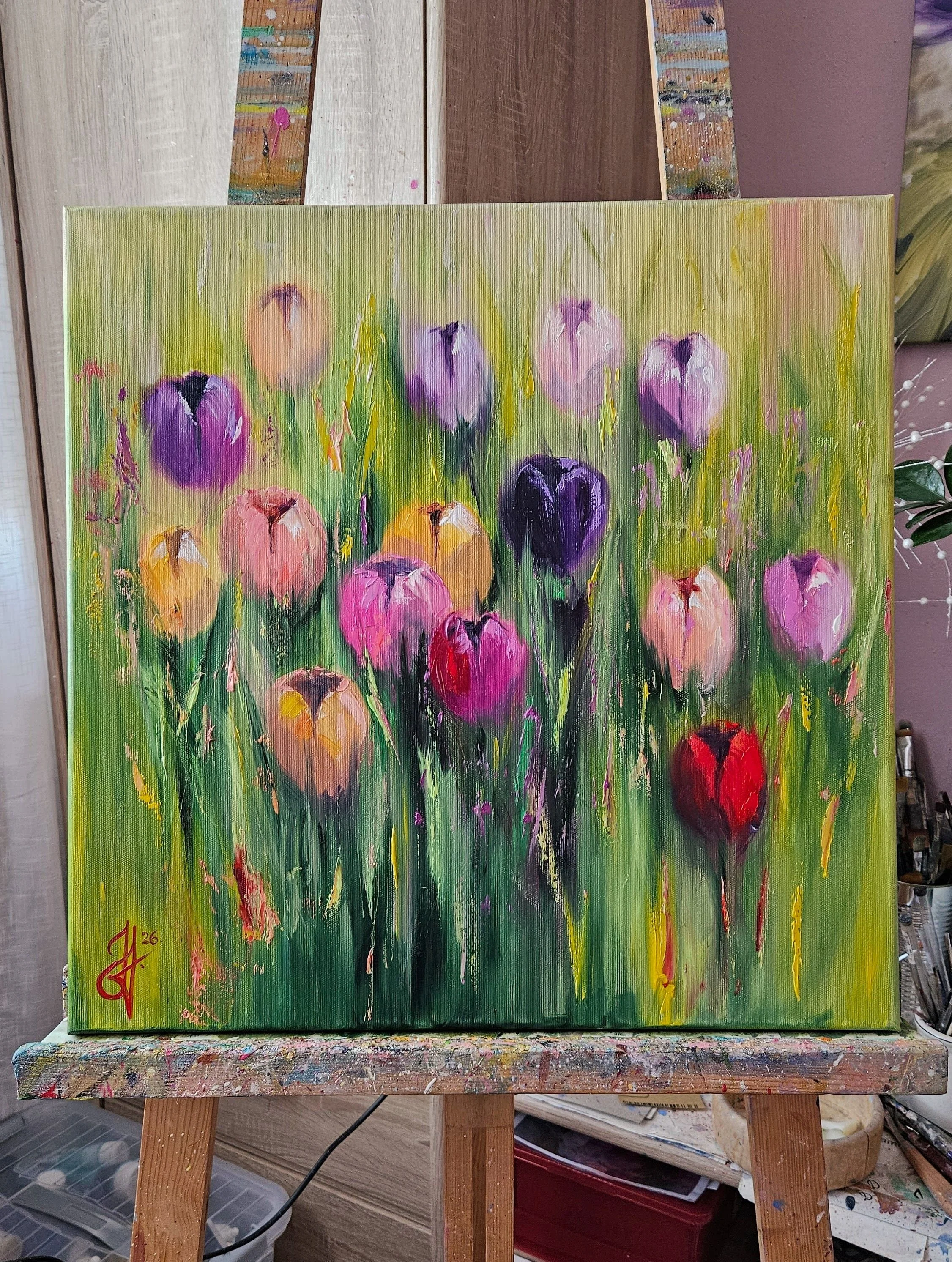 Jarné kvety.  Farebné tulipány v záhrade. Moderný ručne maľovaný obraz na predaj.