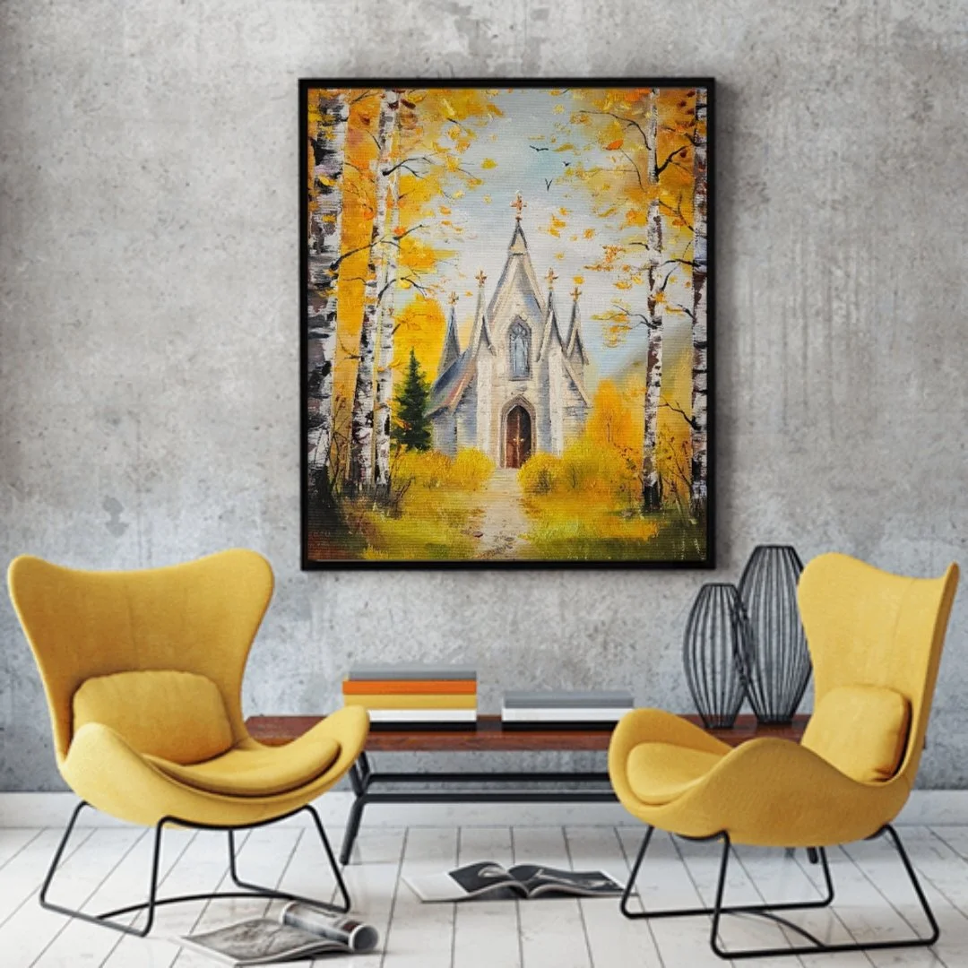 Kostolík v lese uprostred letnej prírody. Ručne maľovaný obraz na predaj.