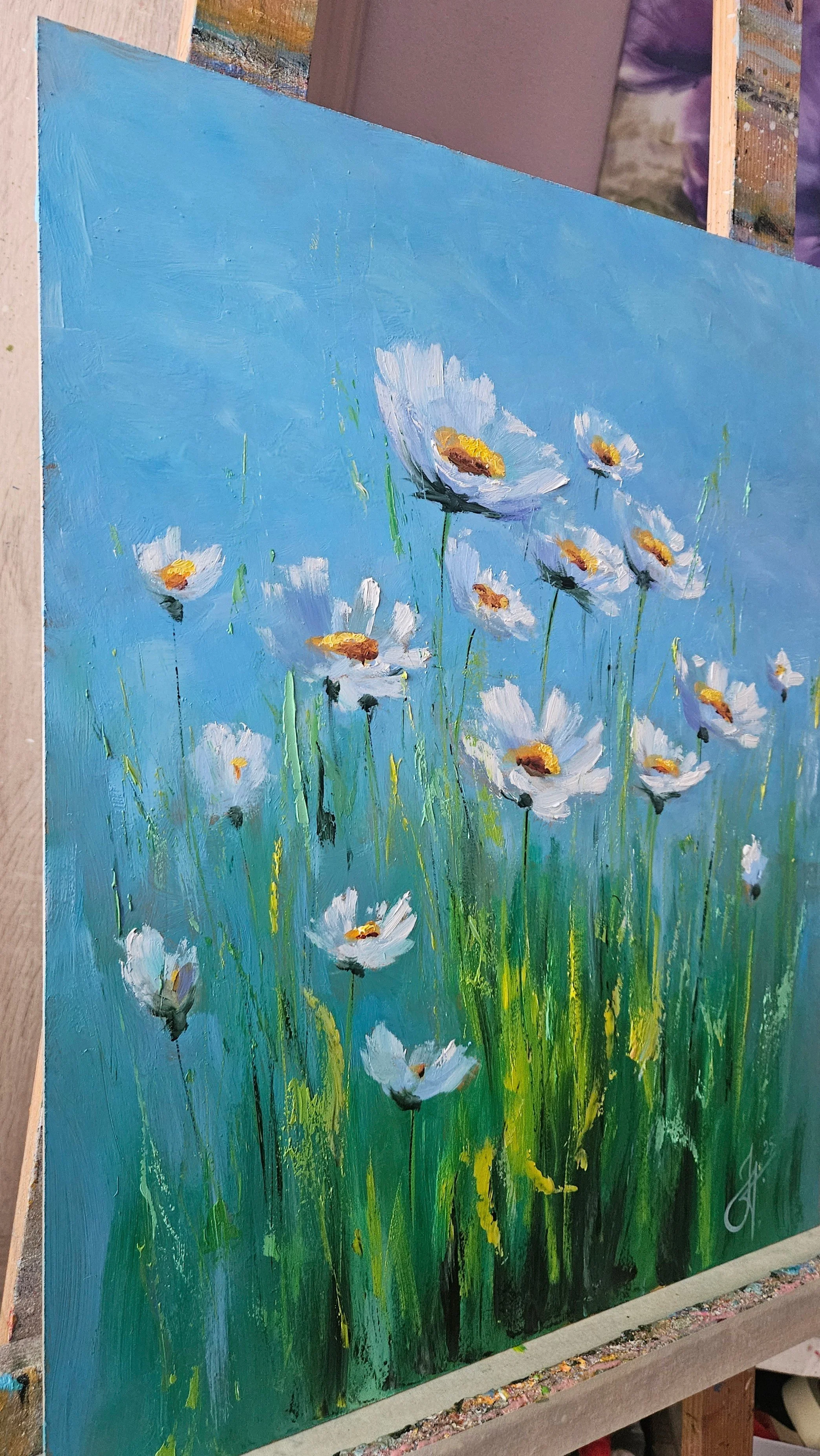 Margaréty na letnej lúke. Lúčne kvety. Ručne maľovaný obraz na predaj.