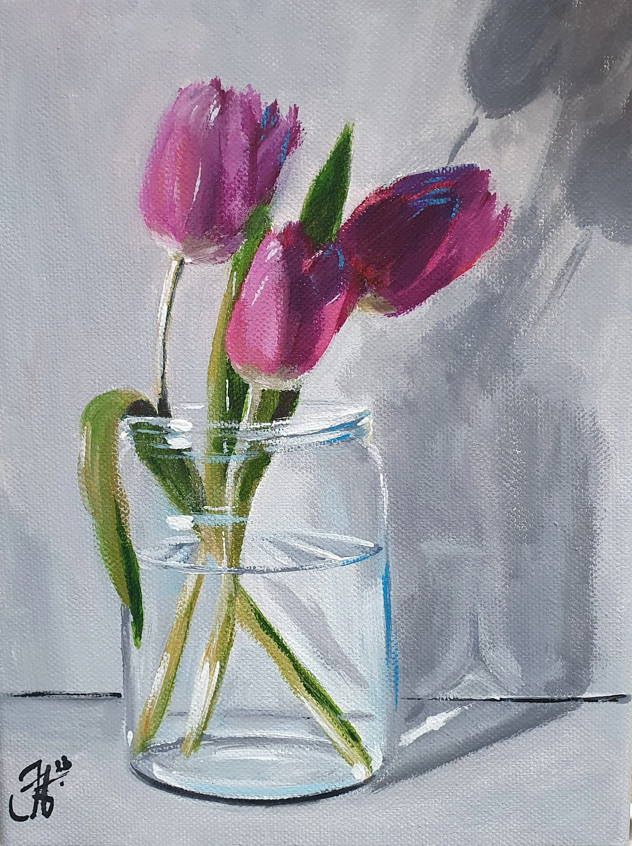 Zátišie s kvetmi. Fialové tulipány vo váze. Vidiecky vintage štýl. Originál ručne maľovaný obraz akrylom na plátne.