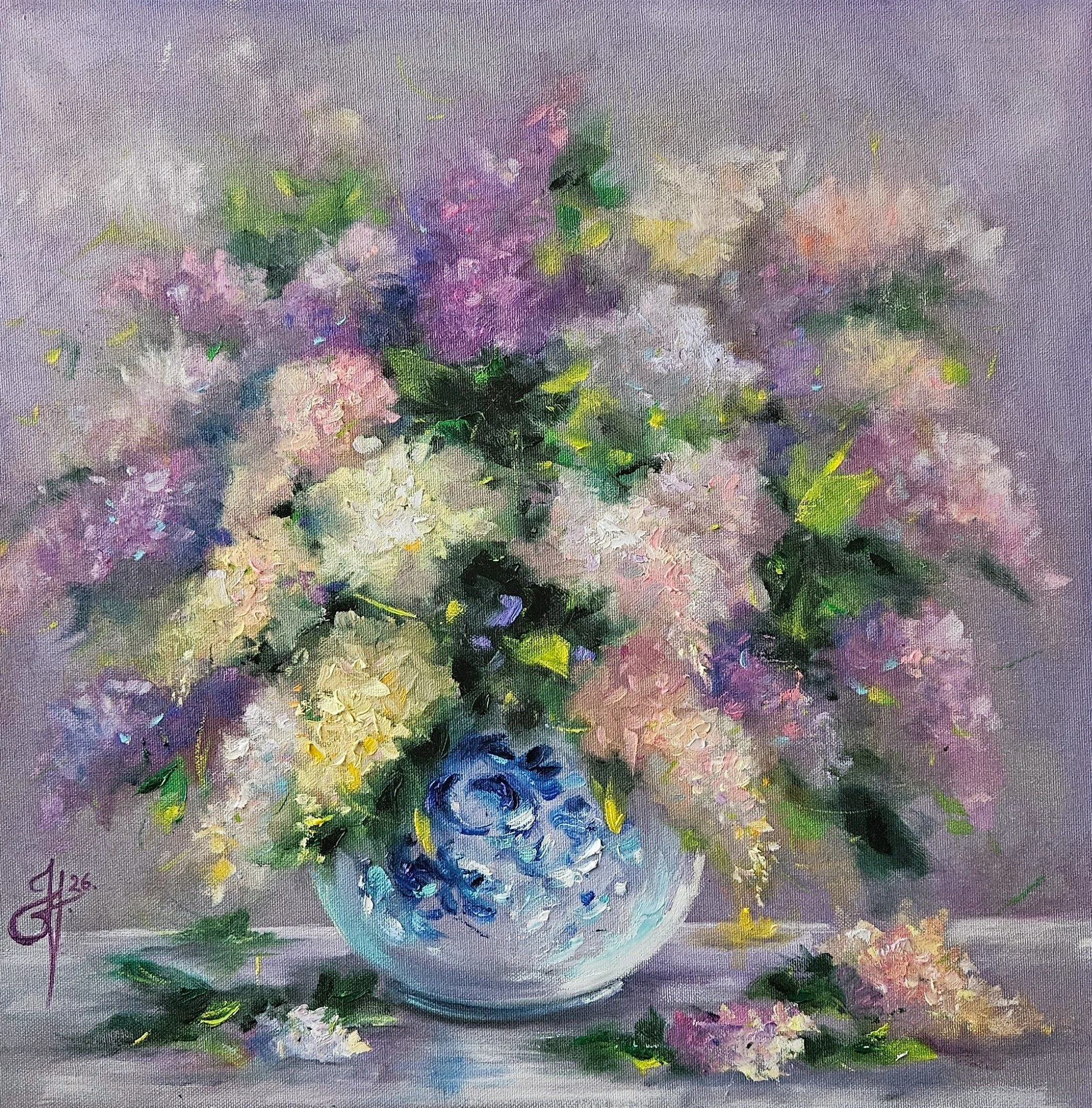 Fialový orgován v sklenenej váze. Zátišie s kvetmi. Ručne maľovaný obraz na predaj.