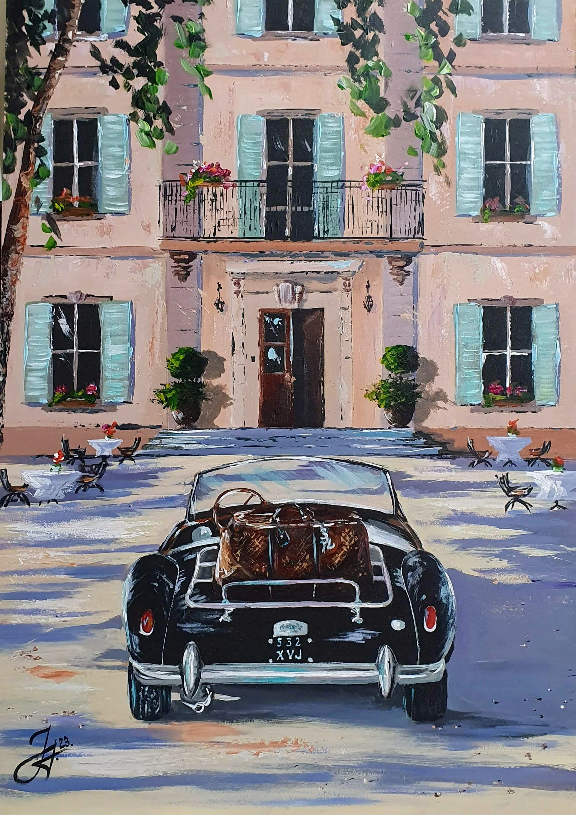 Čierne  historické auto - veterán. Prázdniny, Taliansko, veterán cabriolet pred domom. Ručne maľovaný obraz na predaj.