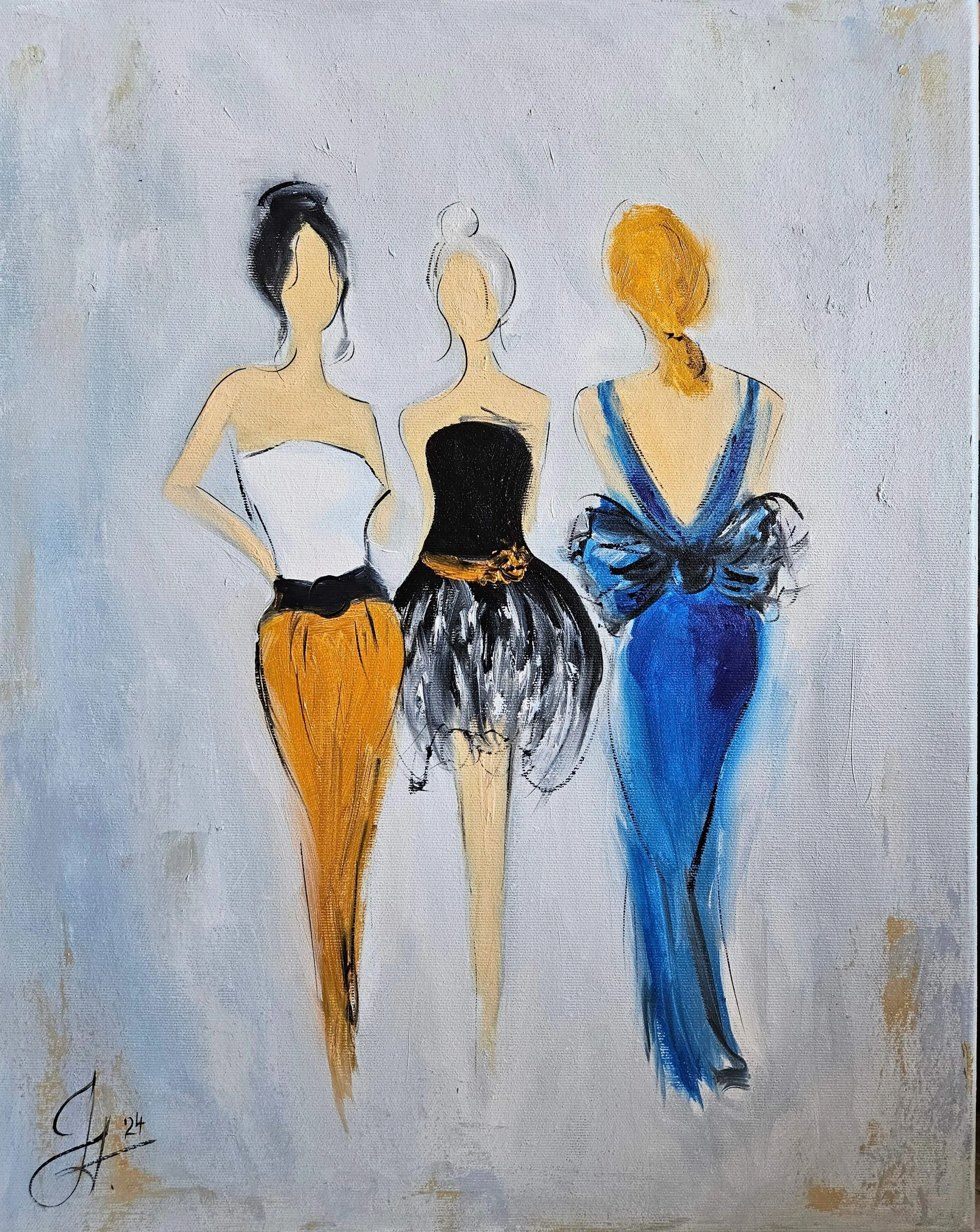 Tri ženy v módnych šatách. Modelky na plátne. Ručne maľovaný obraz v modernom vyjadrení.