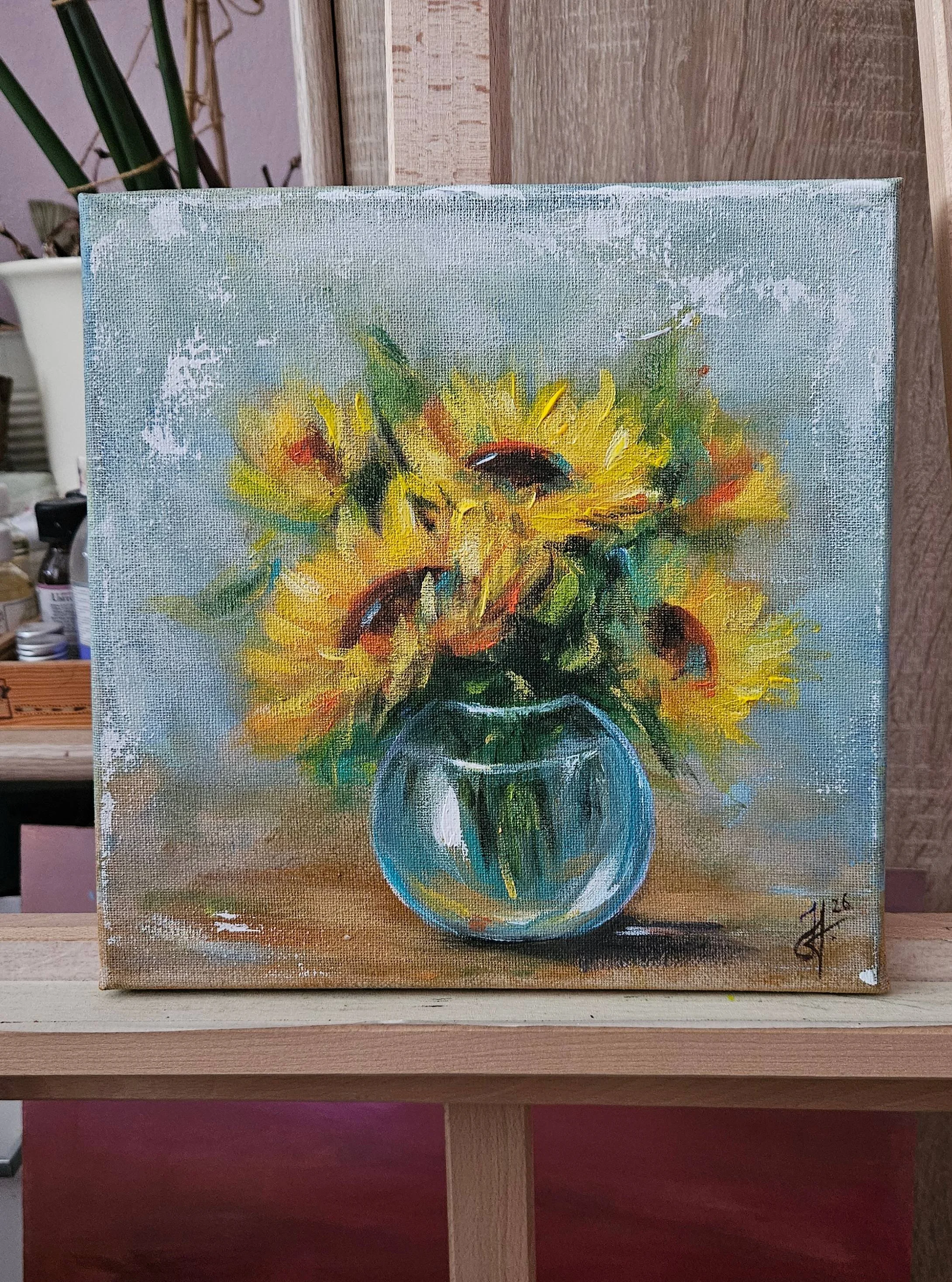 Slnečnice vo váze. Zátišie s kvetmi. Vintage obraz s kvetmi. Ručne maľovaný obraz na predaj.
