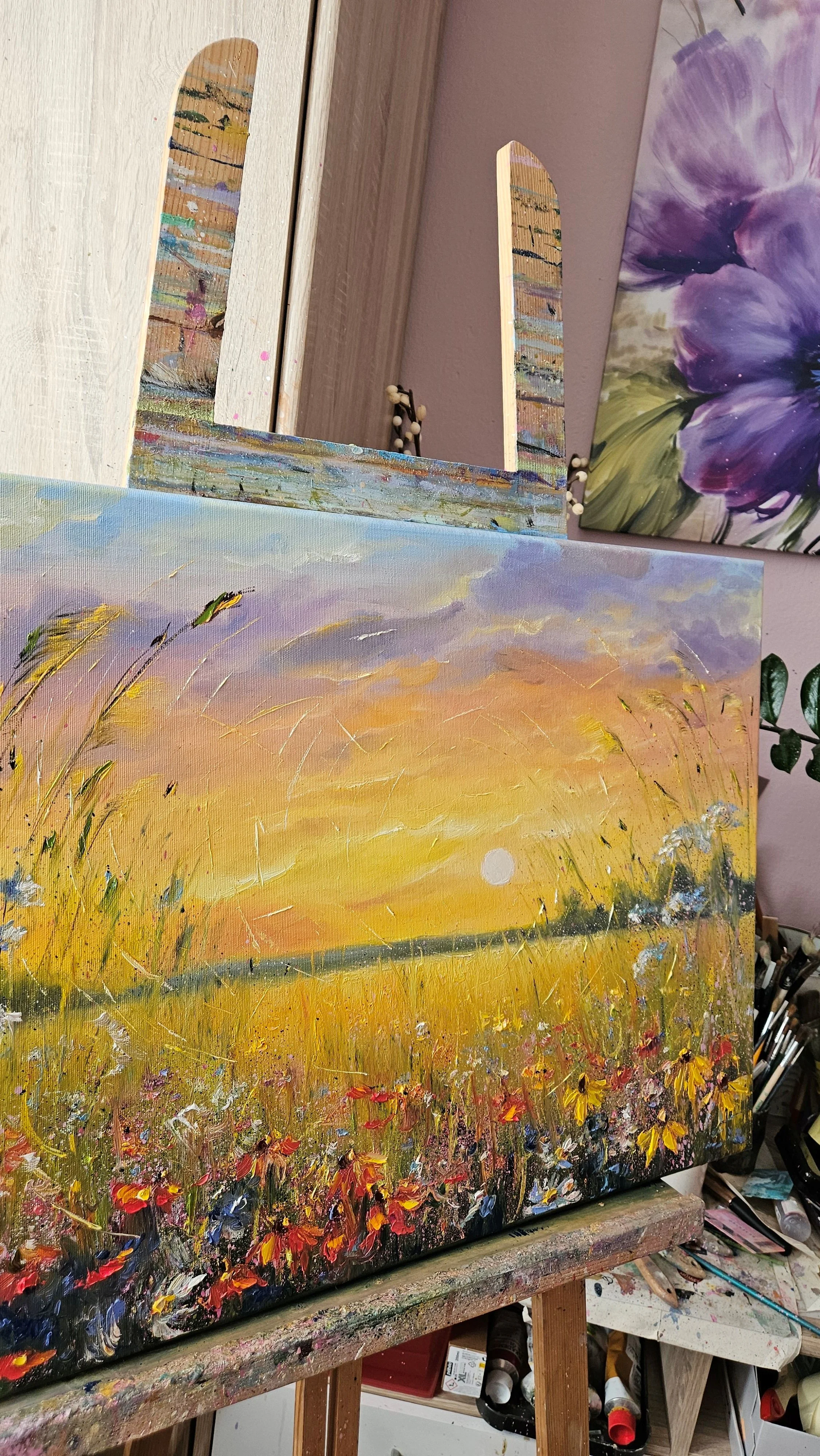 Večer na lúke. Príroda,  kvety, západ slnka. Ručne maľovaný obraz na predaj.