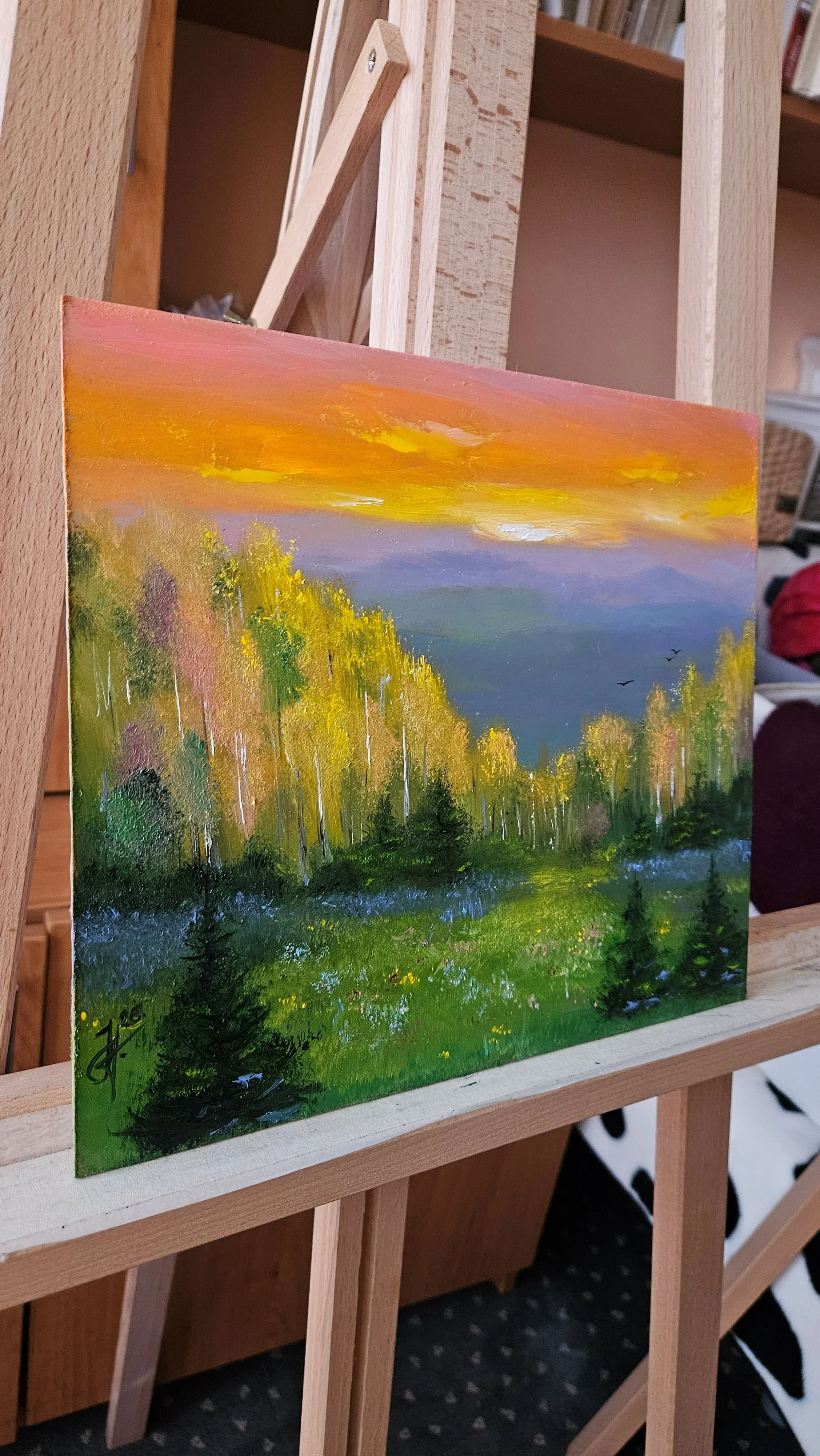 Večer na letnej lúke. Západ slnka,  lúka, stromy. Ručne maľovaný obraz na predaj.