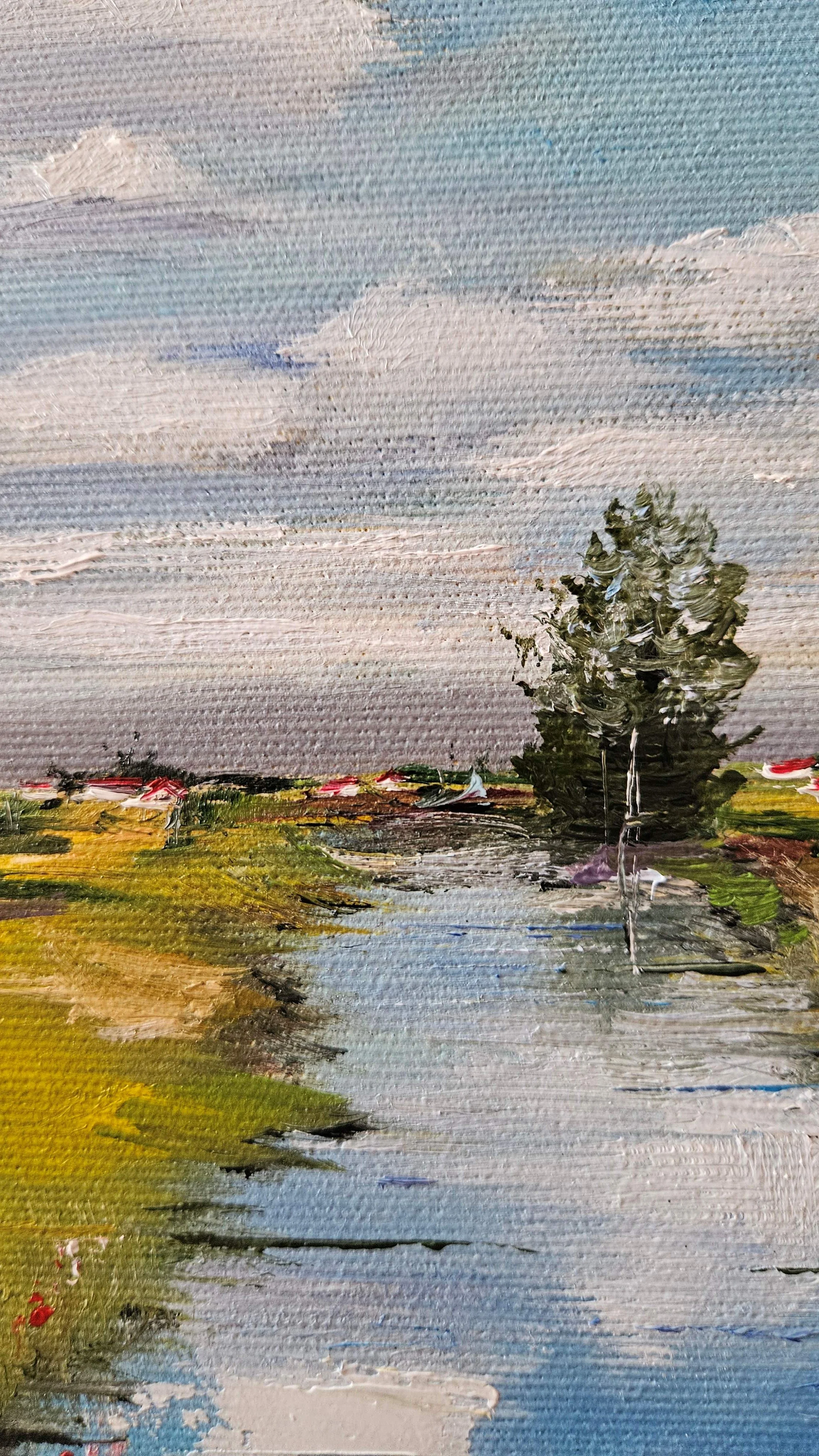 Letný deň v prírode pri vode. Lúky, stromy, jazero. Ručne maľovaný obraz na predaj.